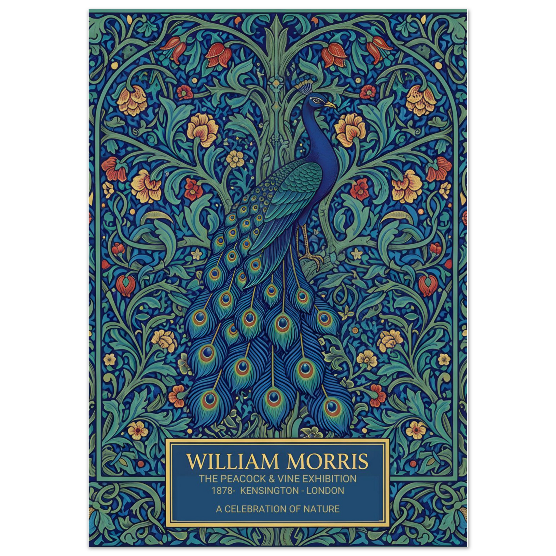 Vintage William Morris exhibition poster of a blue peacock with a long, detailed tail, surrounded by intricate green vines and orange flowers on a dark teal background. Cream-colored text at the bottom reads William Morris The Peacock and Vine Exhibition.
