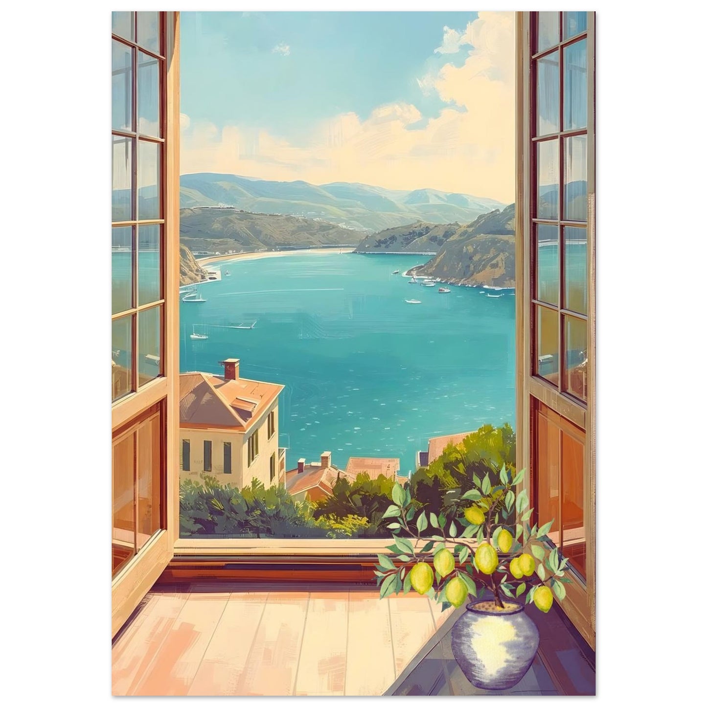 View from an open window overlooking a coastal landscape with a house and lemon tree.