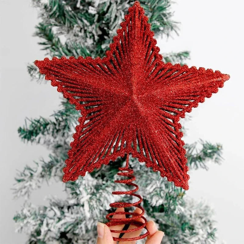 25cm Glitter Star Christmas Tree Topper in gold, silver, and red with sparkling sequins