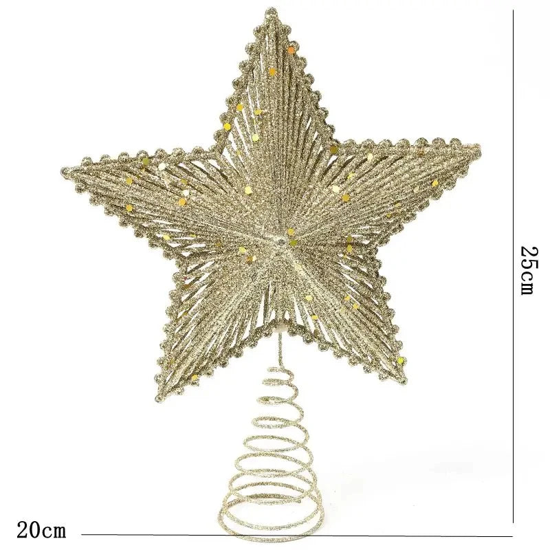Gold star-shaped Christmas tree topper with measurements on a white background