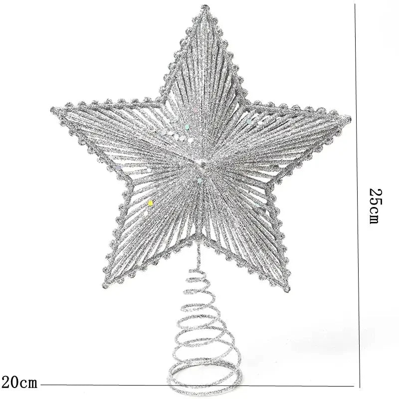 Decorative star-shaped Christmas tree topper with measurements on a white background