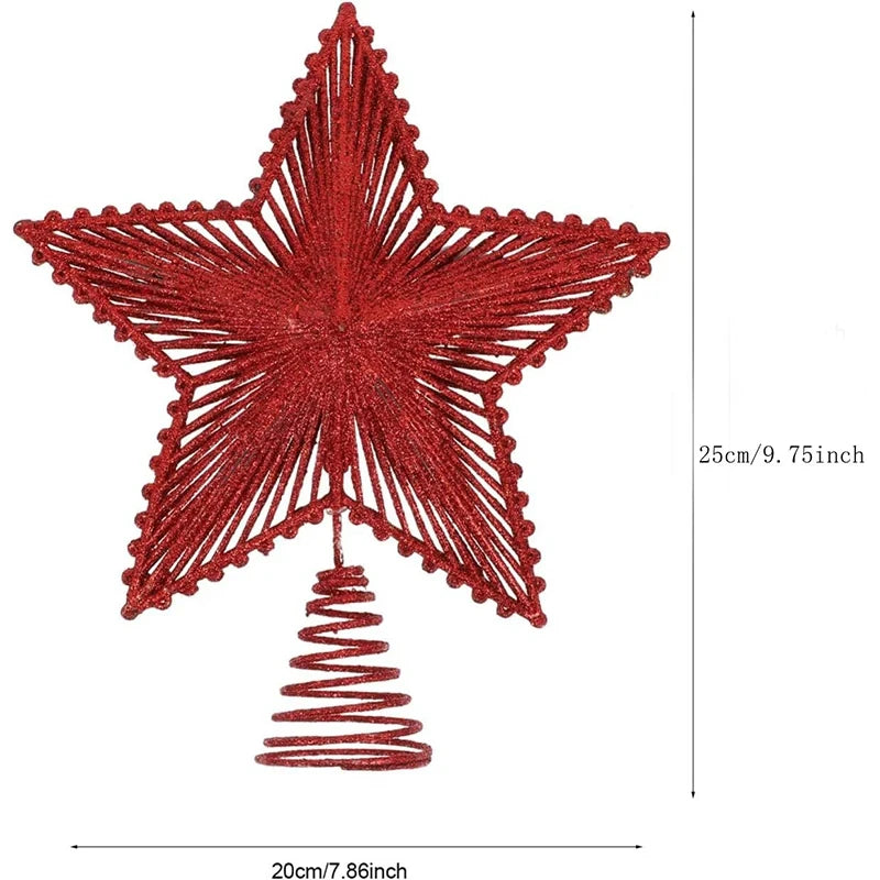 Red star-shaped Christmas tree topper with measurements on a white background