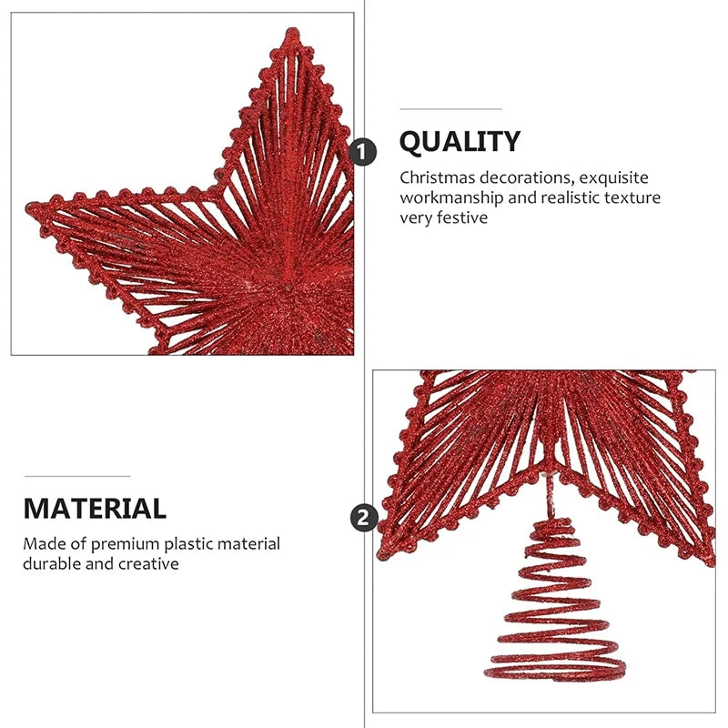 Red Christmas star decorations with text on quality and material.