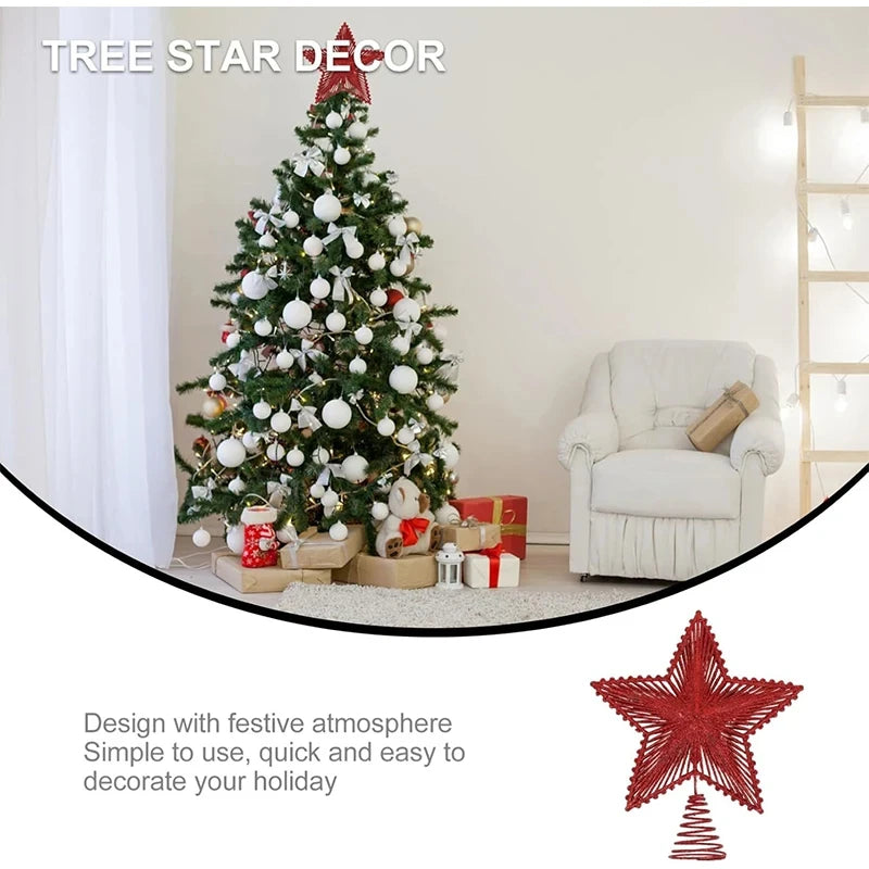 Decorative red tree star on a Christmas tree with festive decorations and gifts in a living room.