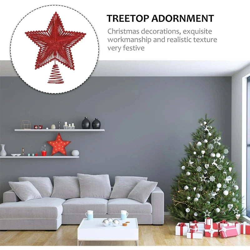 Living room with a Christmas tree, presents, and a red star-shaped treetop ornament.