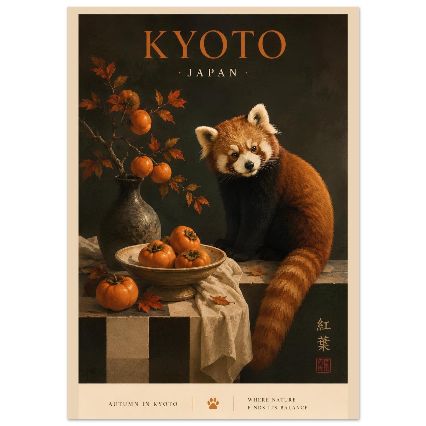 Poster of a red panda with autumn fruits and leaves, titled 'Autumn in Kyoto'.