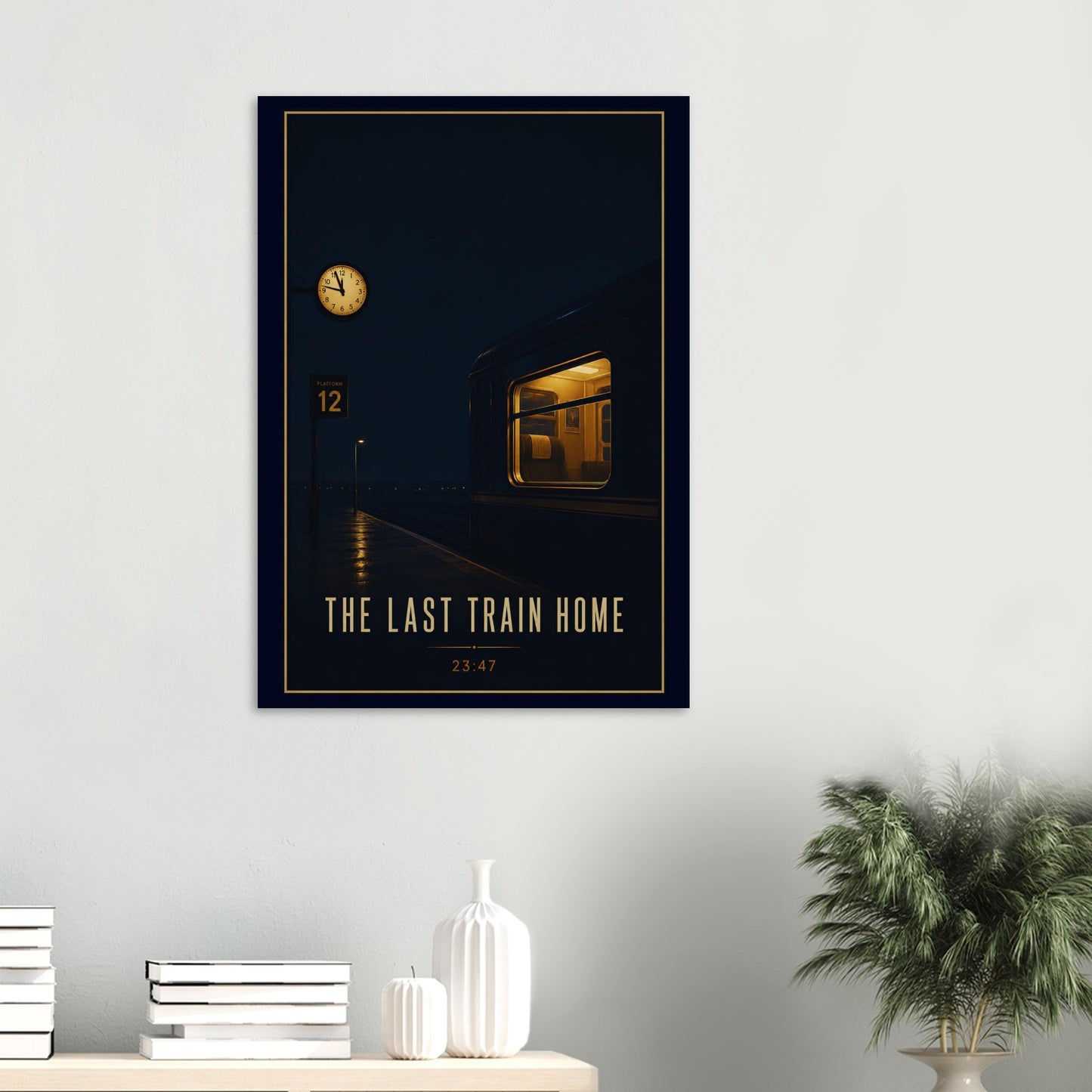 Framed poster of a train with 'The Last Train Home' text on a wall above a shelf.