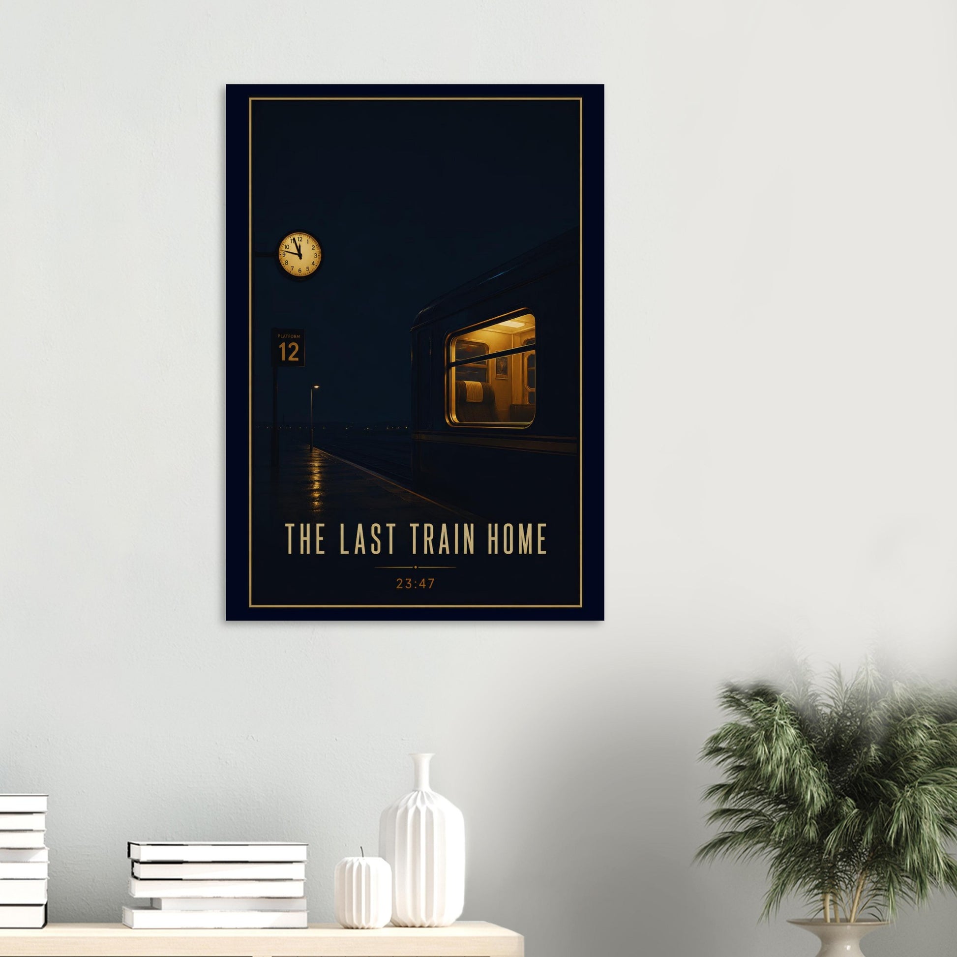 Framed poster of a train with 'The Last Train Home' text on a wall above a shelf.