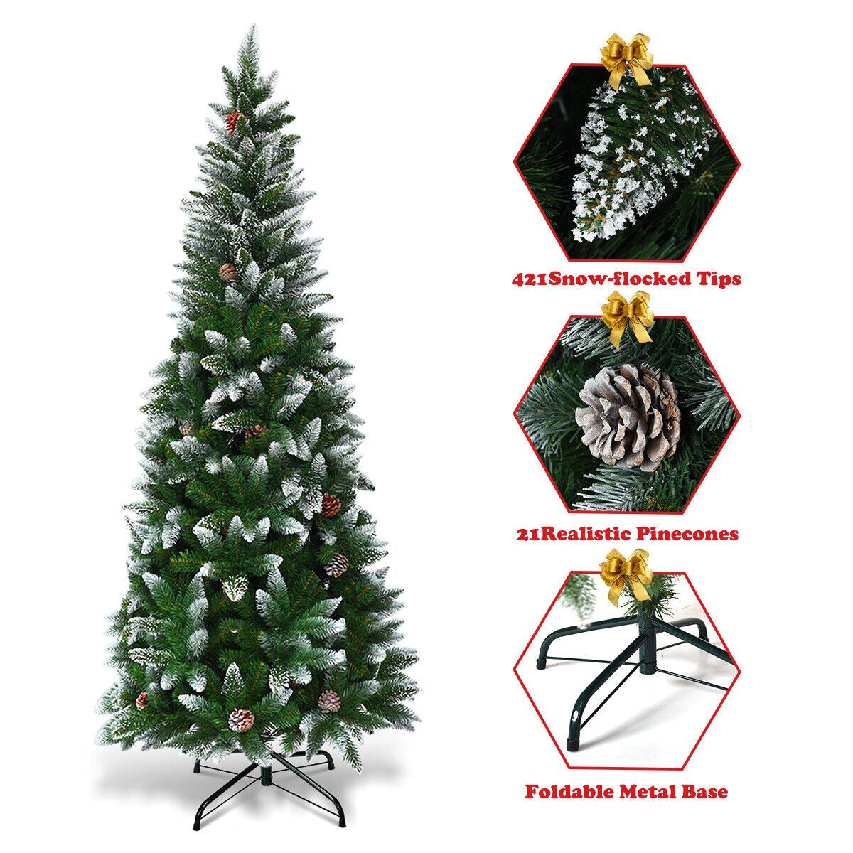 Snow-Flocked Pencil Hinged Artificial Christmas Tree with Pine Cones