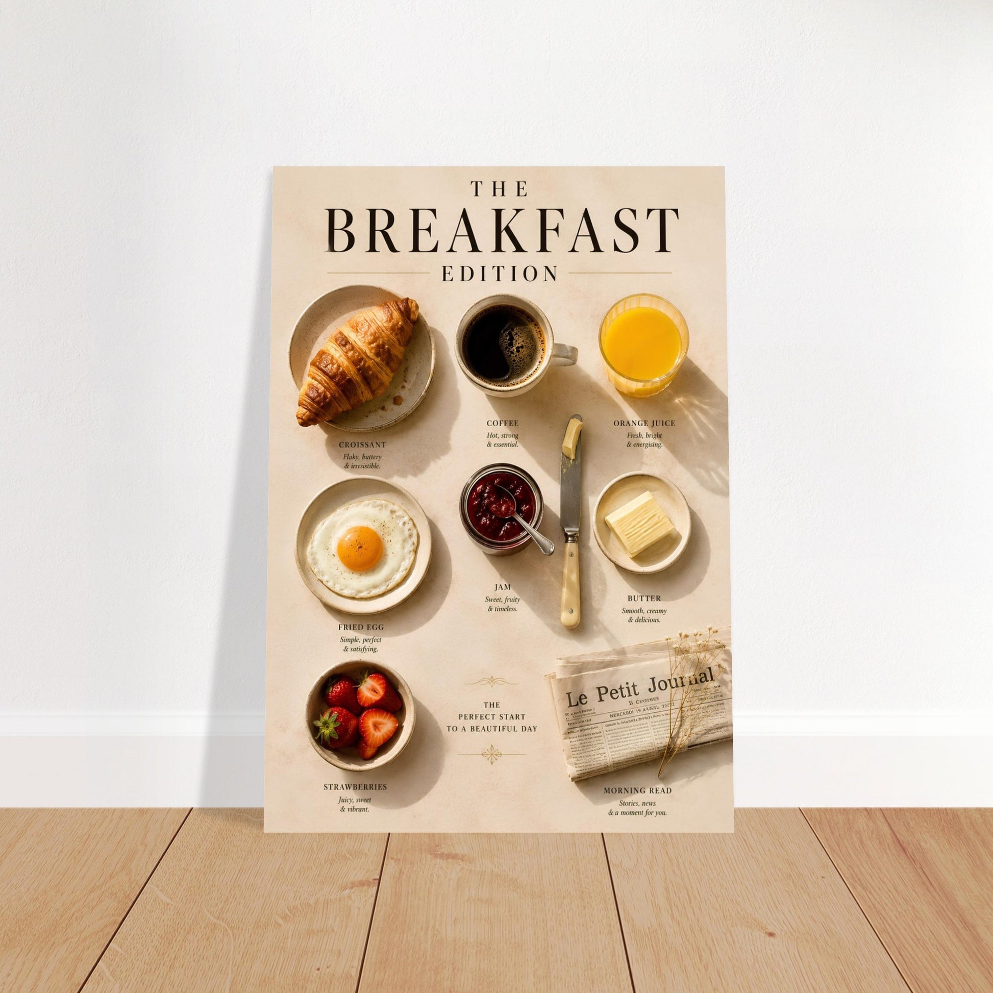 Poster titled 'The Breakfast Edition' with images of breakfast items on a wooden floor.