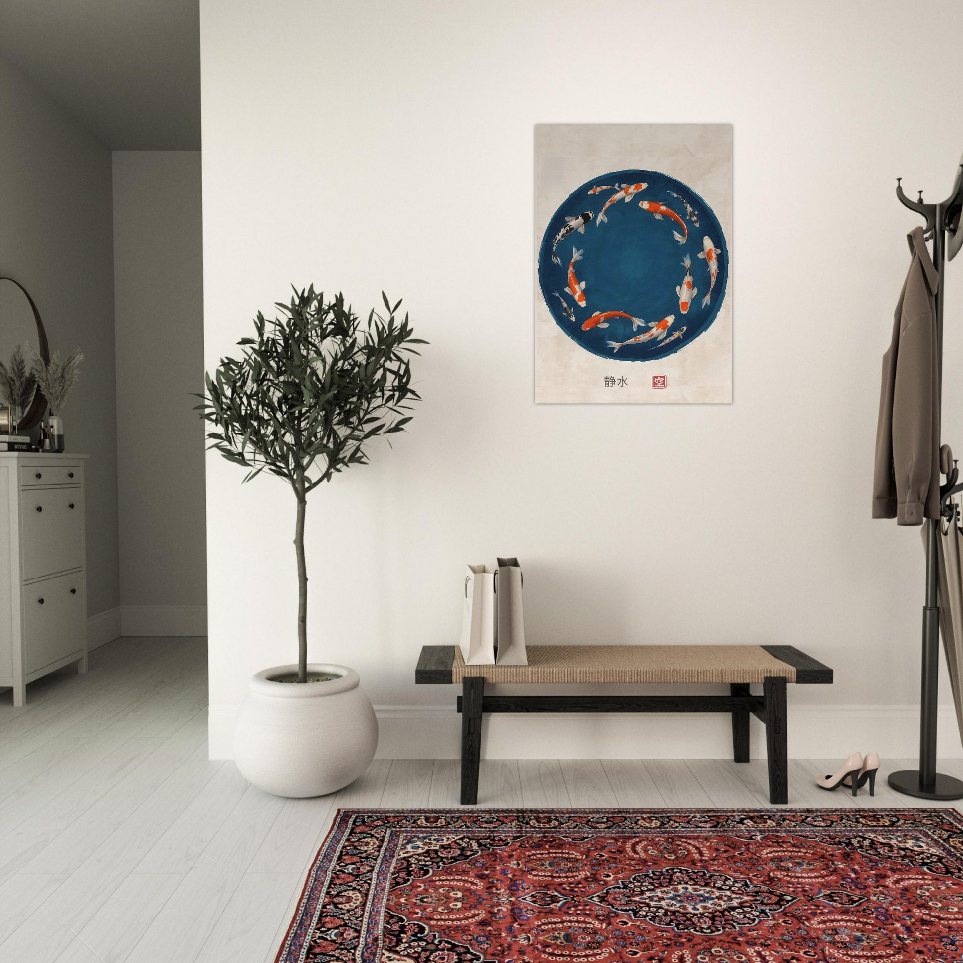 Modern interior with a plant, bench, and Japanese koi fish circle poster displayed on the wall