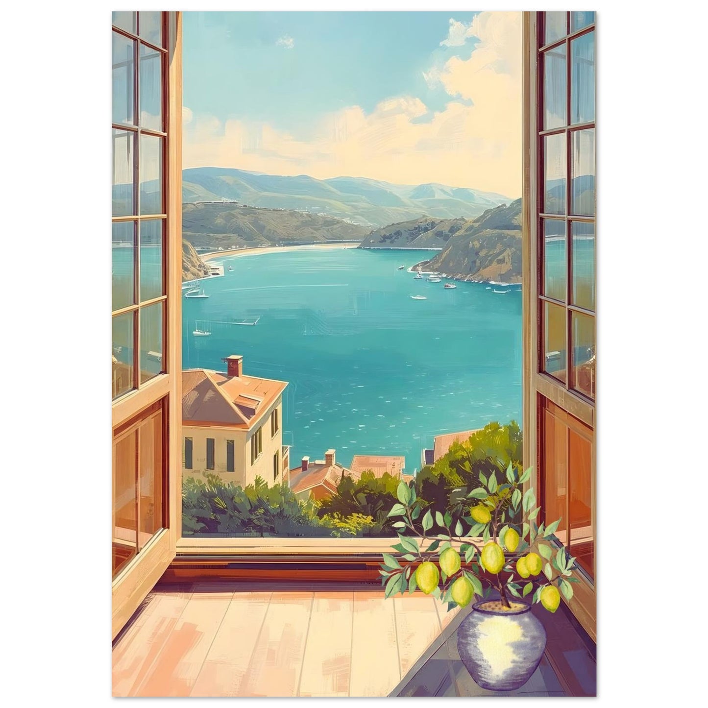 Open window view of a coastal landscape with a vase of lemons on a windowsill.