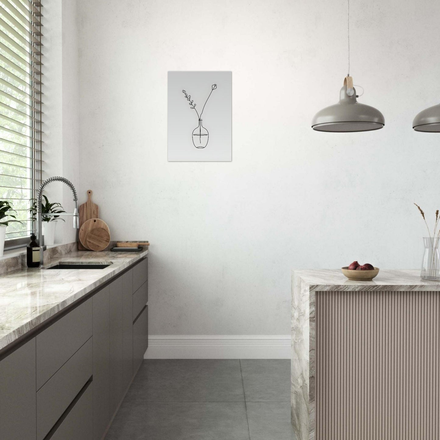 Modern kitchen with gray pendant lights, marble countertops, and a minimalistic wall art.