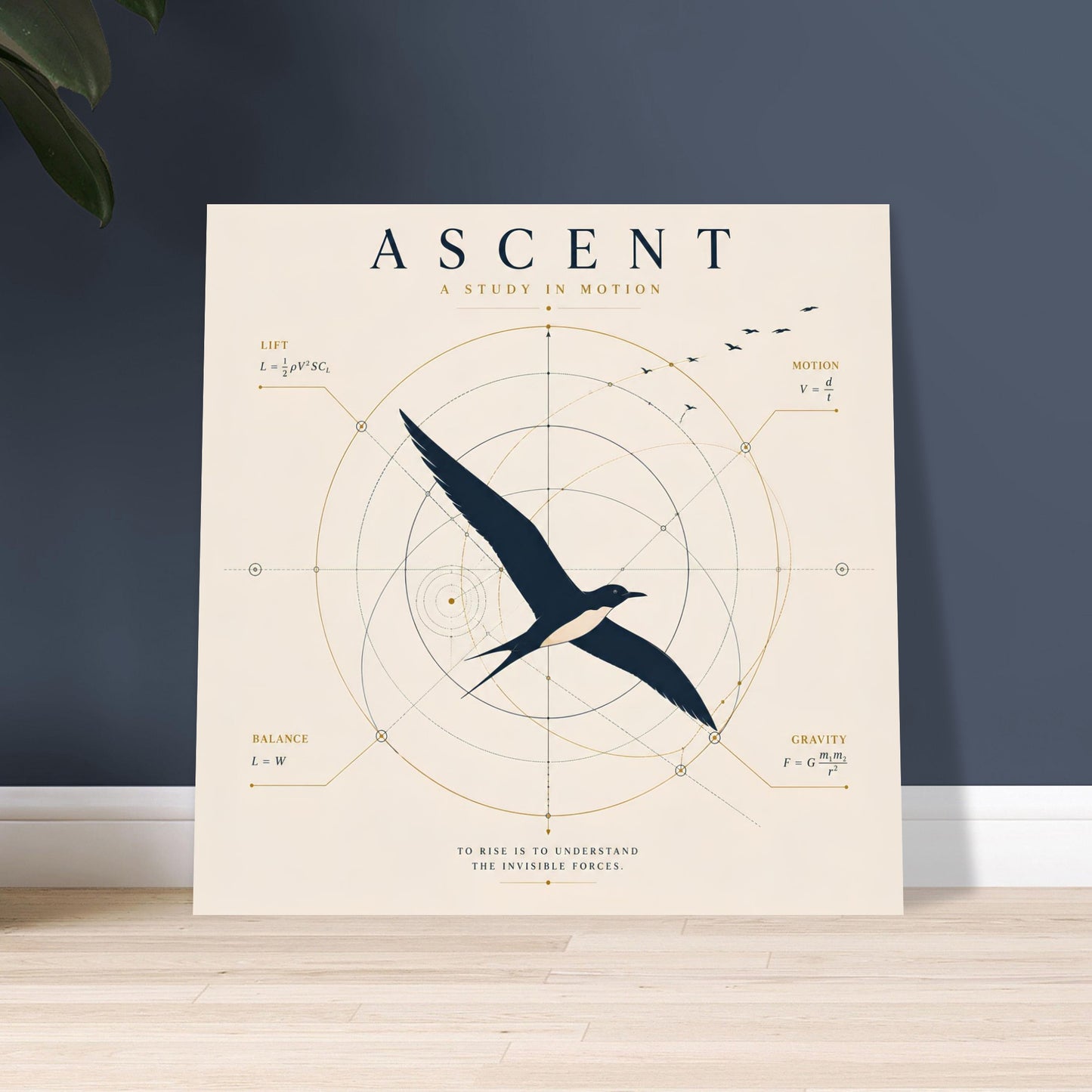 Ivory minimalist bird wall art featuring geometric flight illustrations displayed on a wooden floor against a dark accent wall.