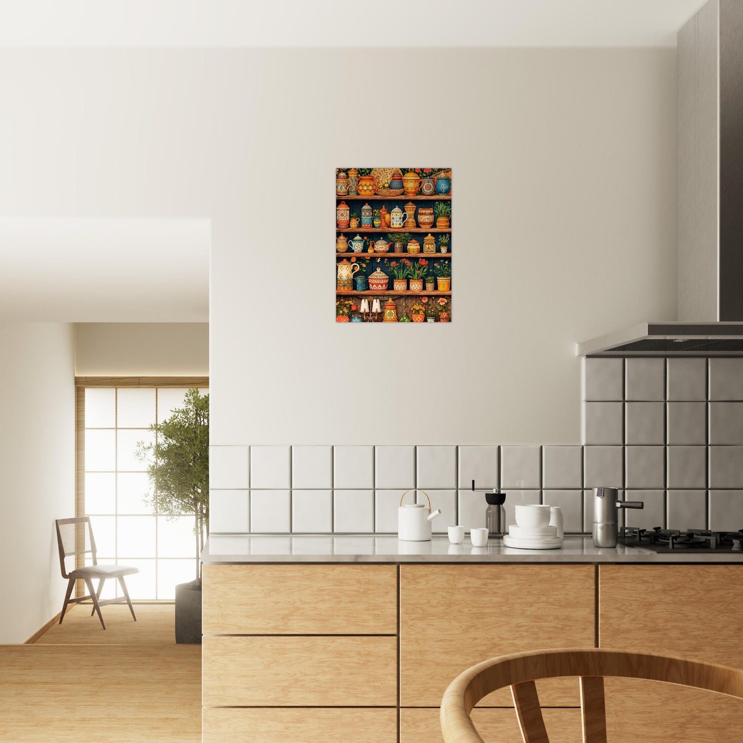 Rustic Kitchen Shelves Art Print – Illustrated Pottery and Plants Mediterranean Wall Art