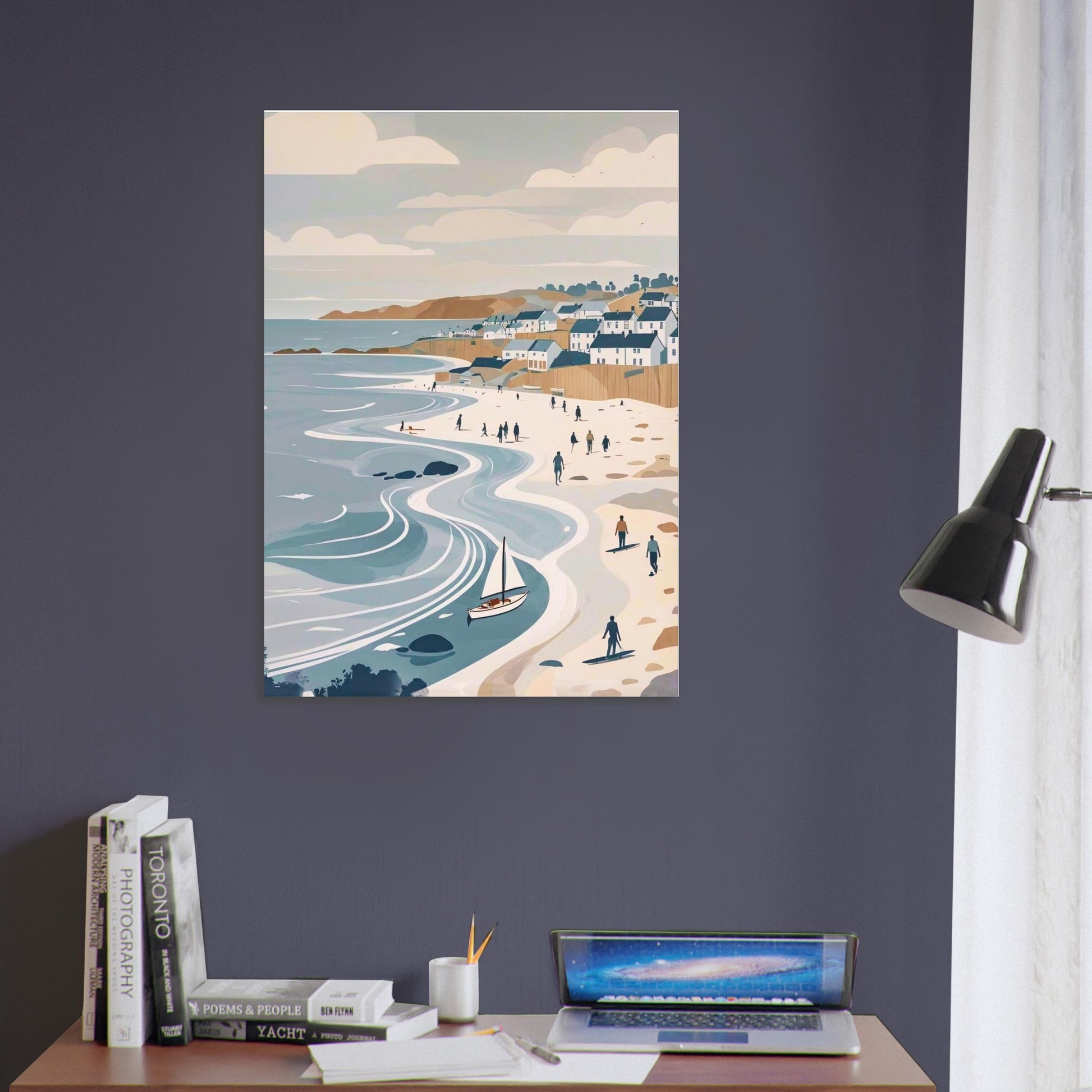 Modern coastal wall art print with flowing waves displayed in a contemporary living room