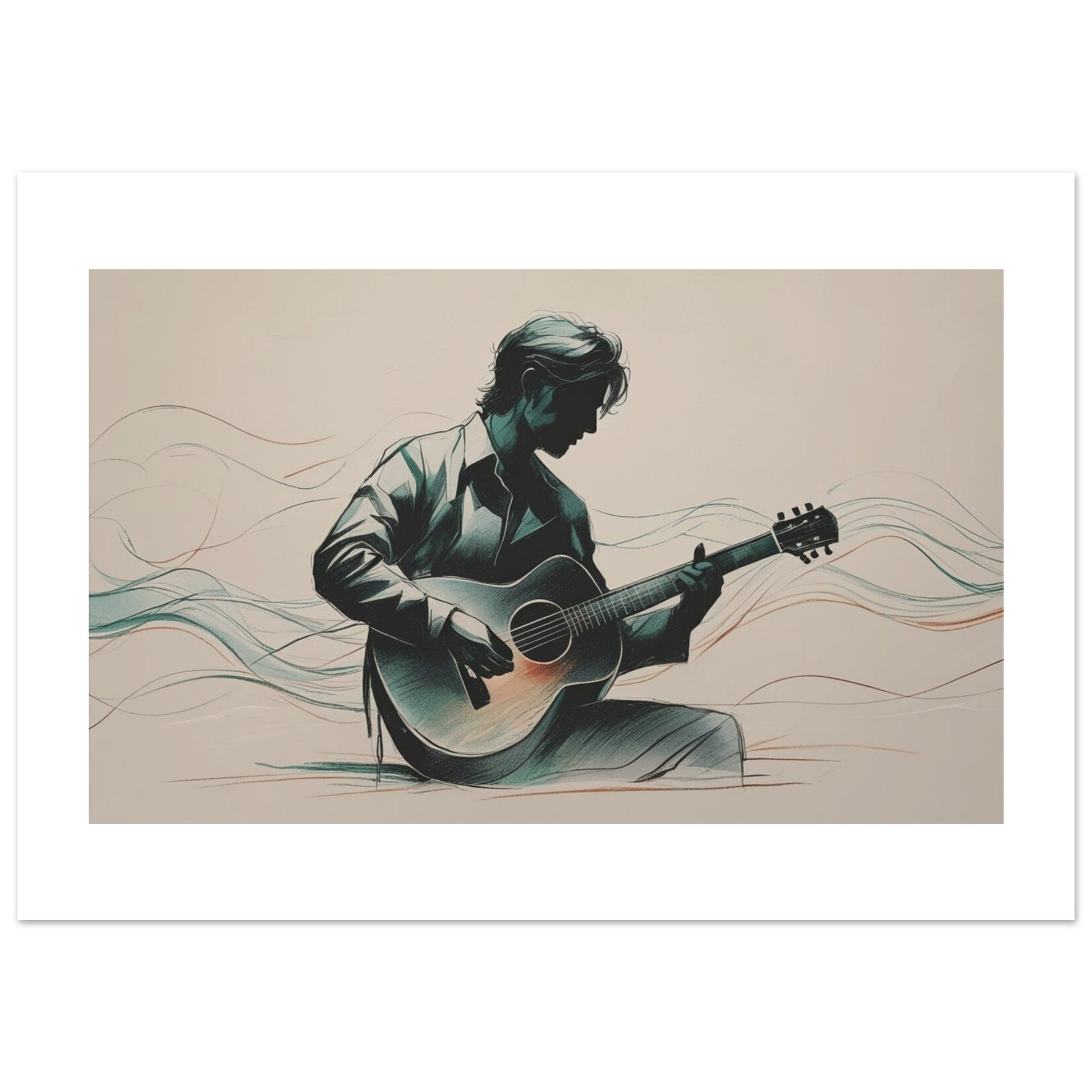 Illustration of a person playing an acoustic guitar with wavy lines on a beige background