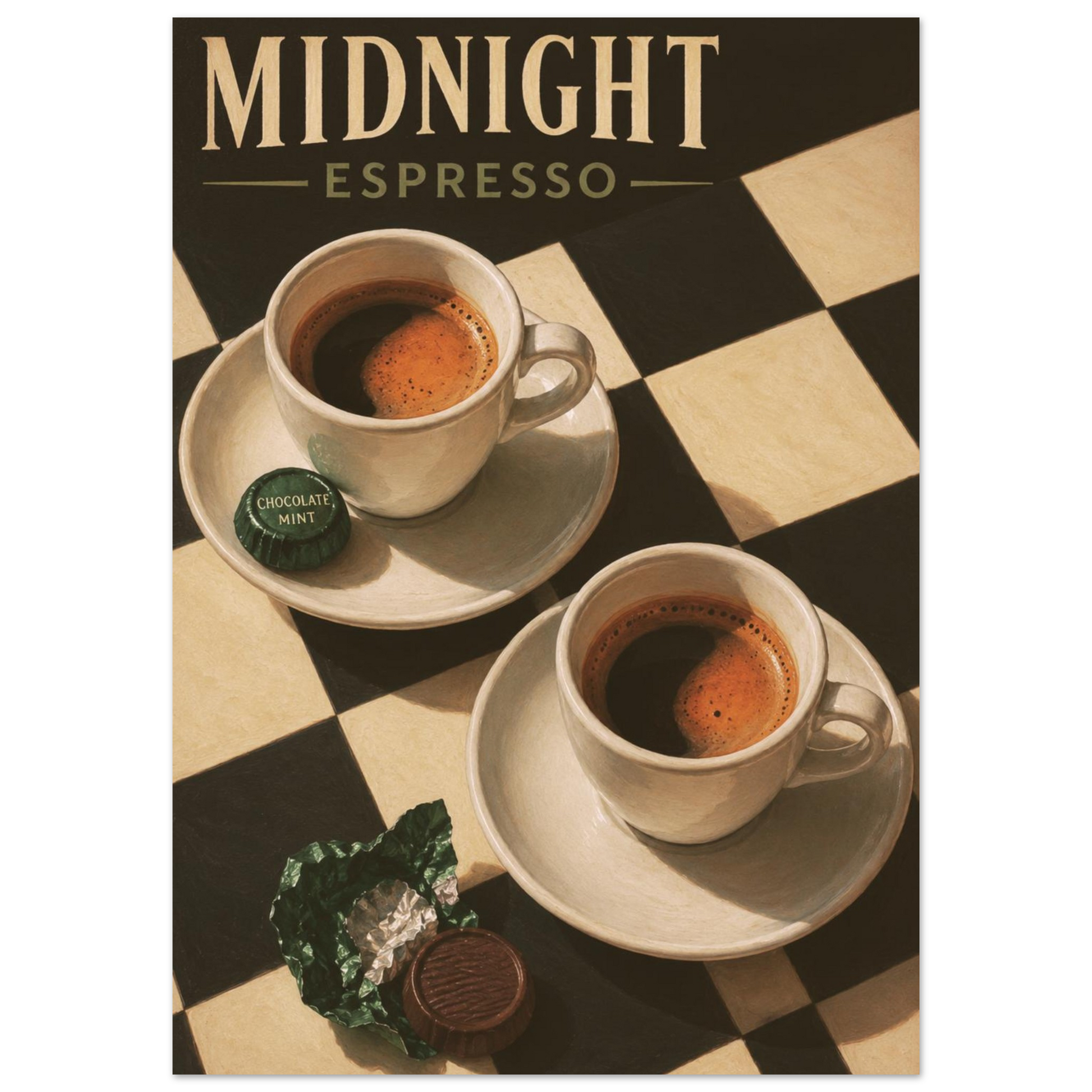 Midnight Espresso retro poster featuring two espresso cups, chocolate mints and a black and cream checkerboard design.