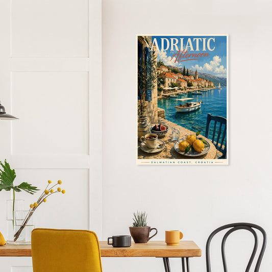 Adriatic harbour travel poster displayed in a modern dining area with natural light