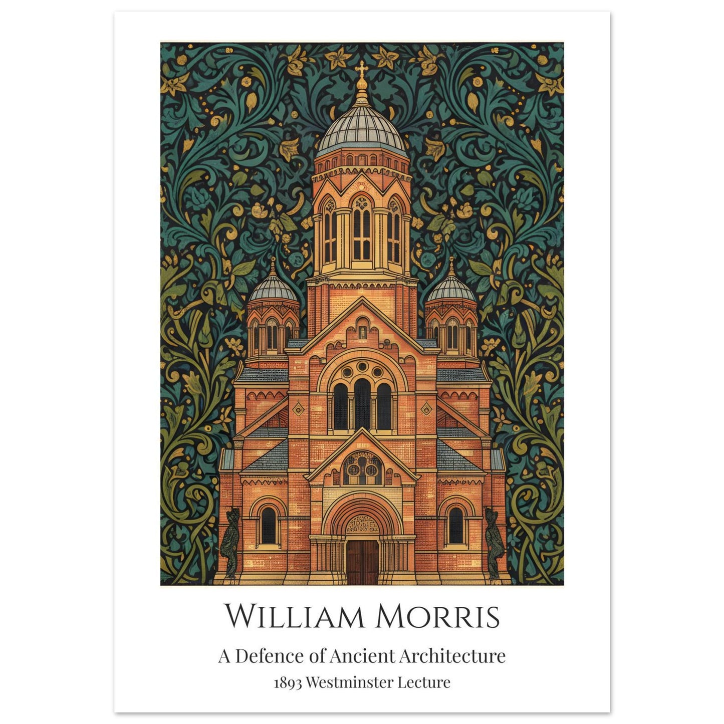 A William Morris style art print of Westminster Cathedral featuring a Neo-Byzantine architectural facade in gold and brick tones. The building is surrounded by an intricate, dense teal and dark green botanical pattern. The bottom features a clean white border with the text: William Morris, A Defence of Ancient Architecture, 1893 Westminster Lecture