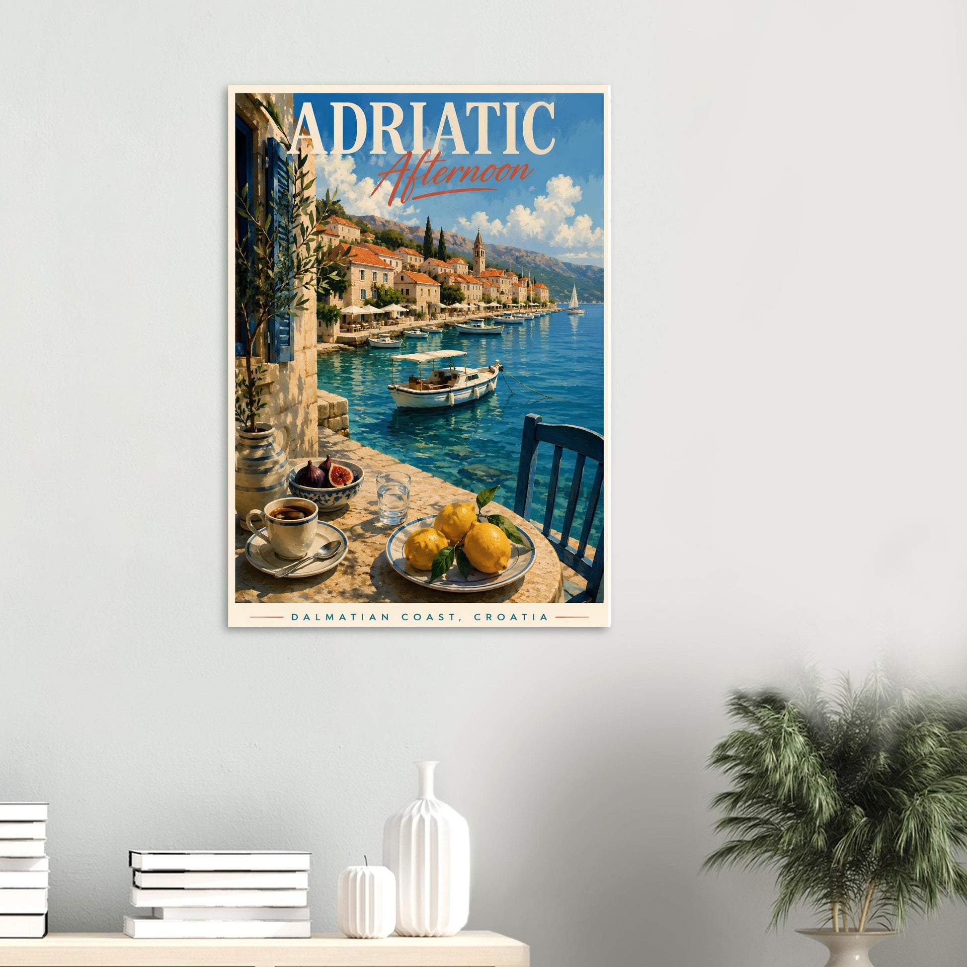 Adriatic harbour print displayed above a sideboard in a contemporary living space
