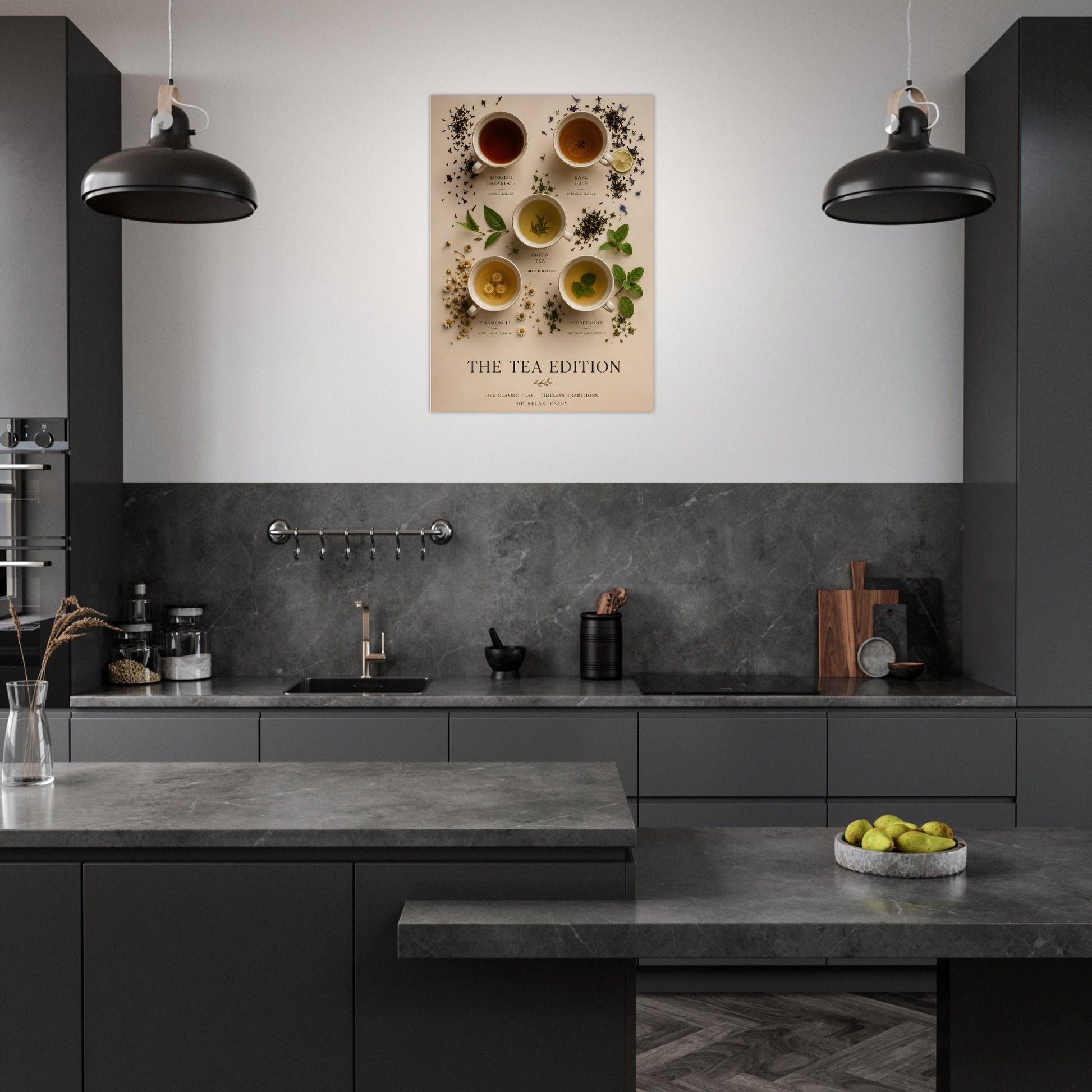 Modern kitchen with a 'The Tea Edition' poster on the wall