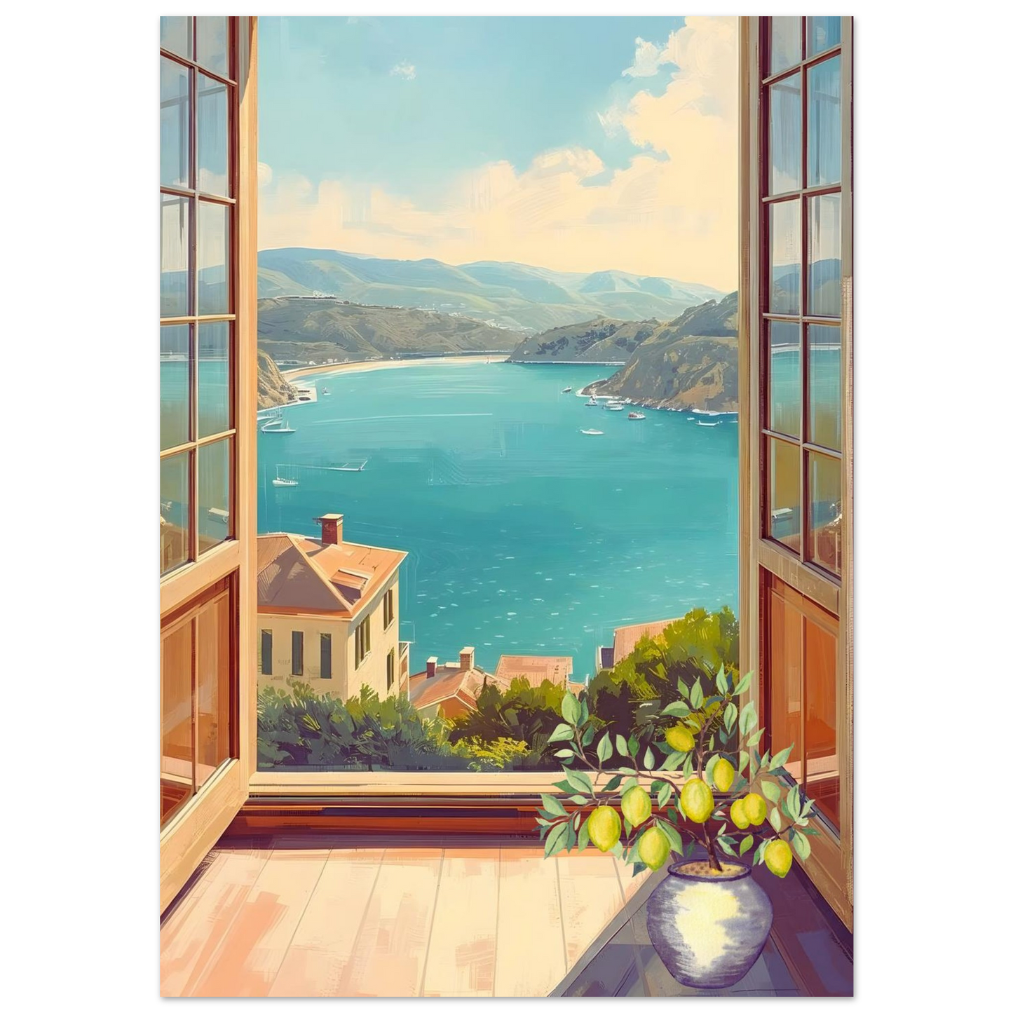 View of a coastal landscape from an open window with a plant on a windowsill.