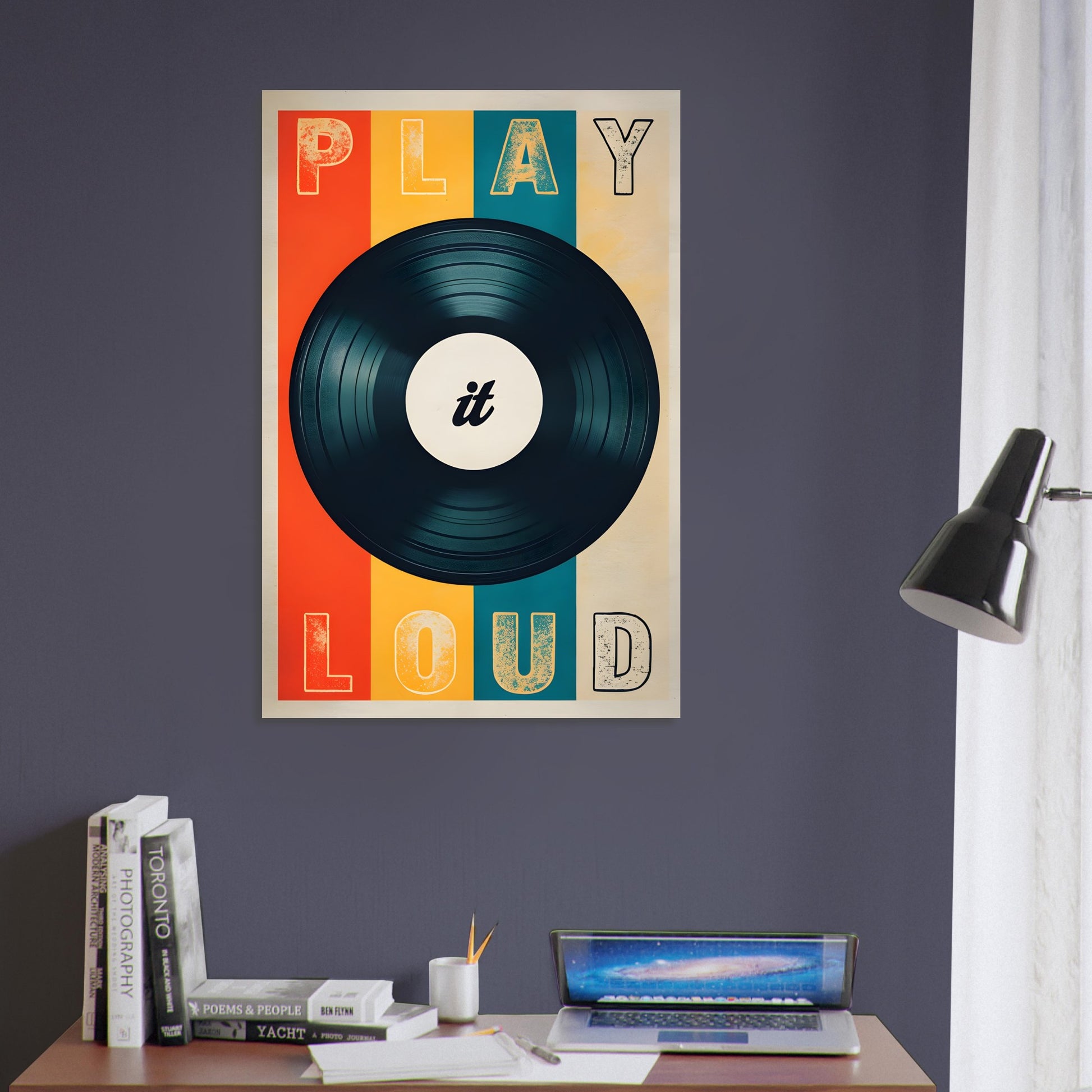 Retro wall art poster featuring a black vinyl record with colorful ˜Play It Loud™ typography in bold vintage style.