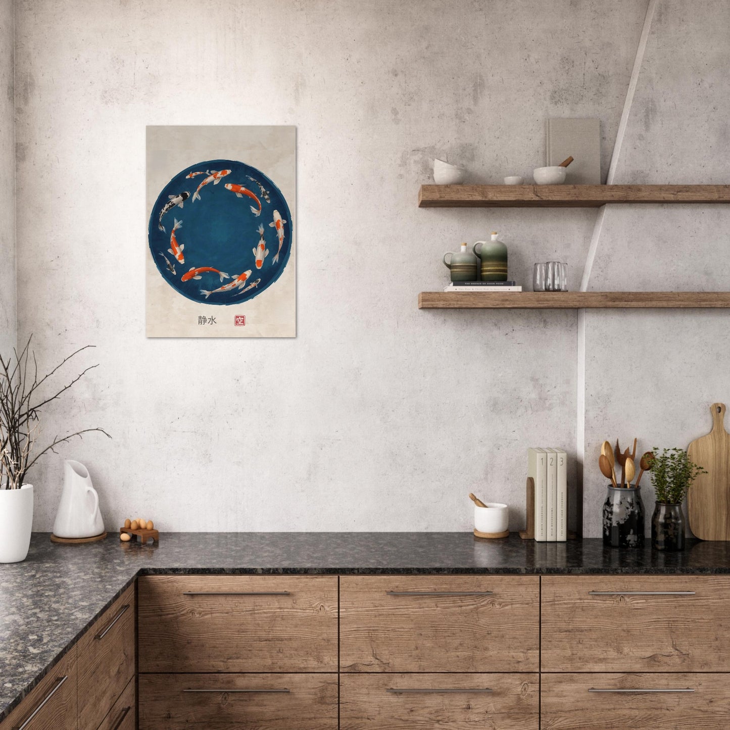 Modern kitchen with wooden cabinets, gray countertops, and a Japanese koi fish circle poster displayed on a beige wall
