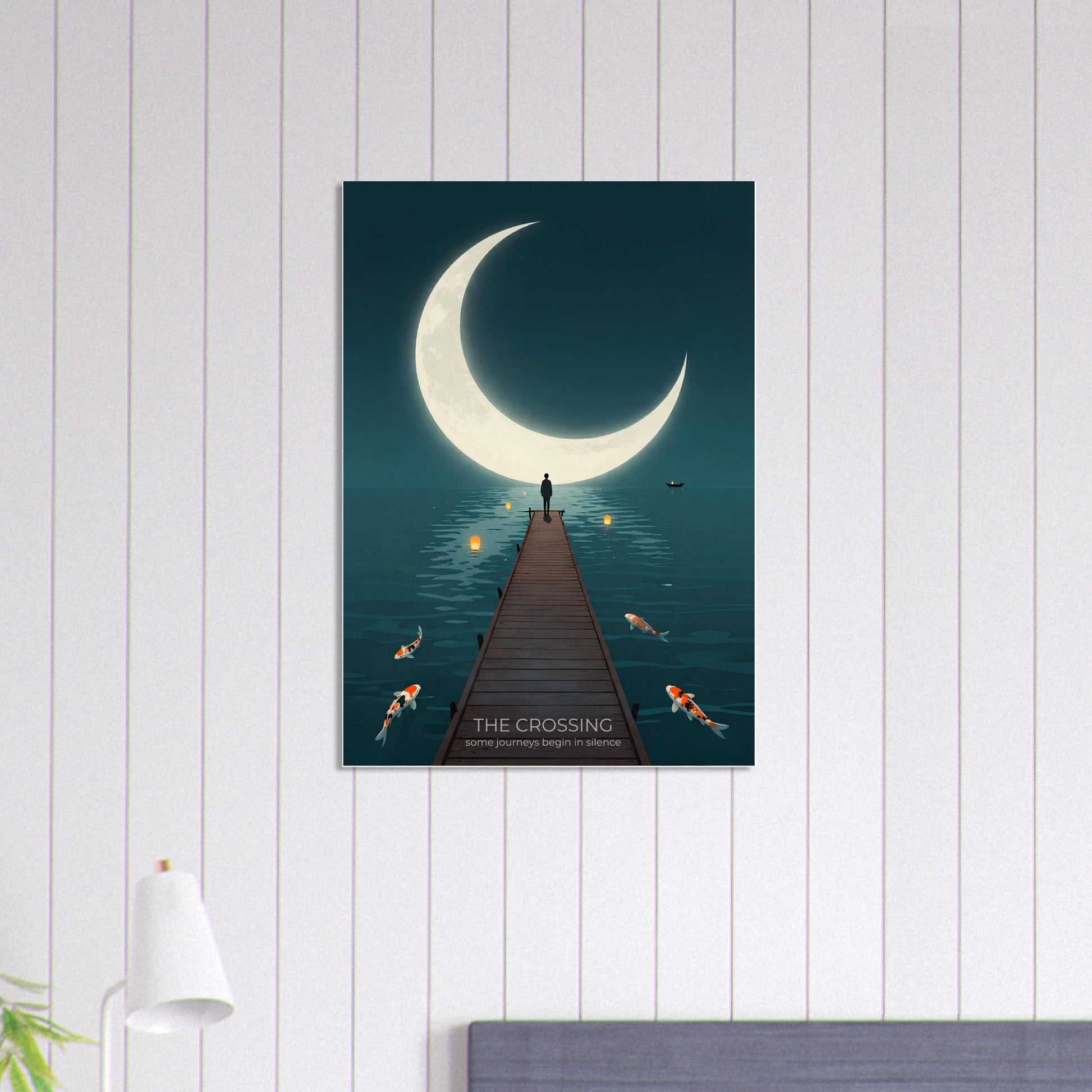 The Crossing moon poster displayed on white panelled walls, bringing a calm and atmospheric focal point to a contemporary interior.