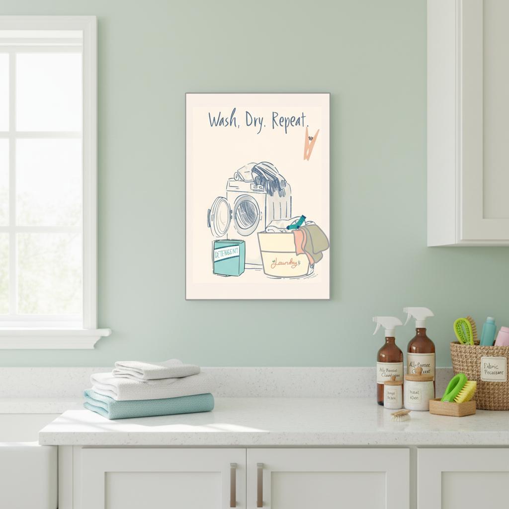 Wall art of a washing machine and laundry items in a laundry room.