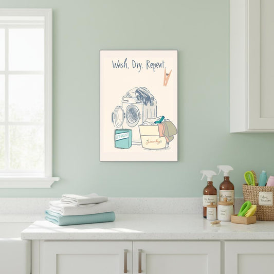 Wall art of a washing machine and laundry items in a laundry room.