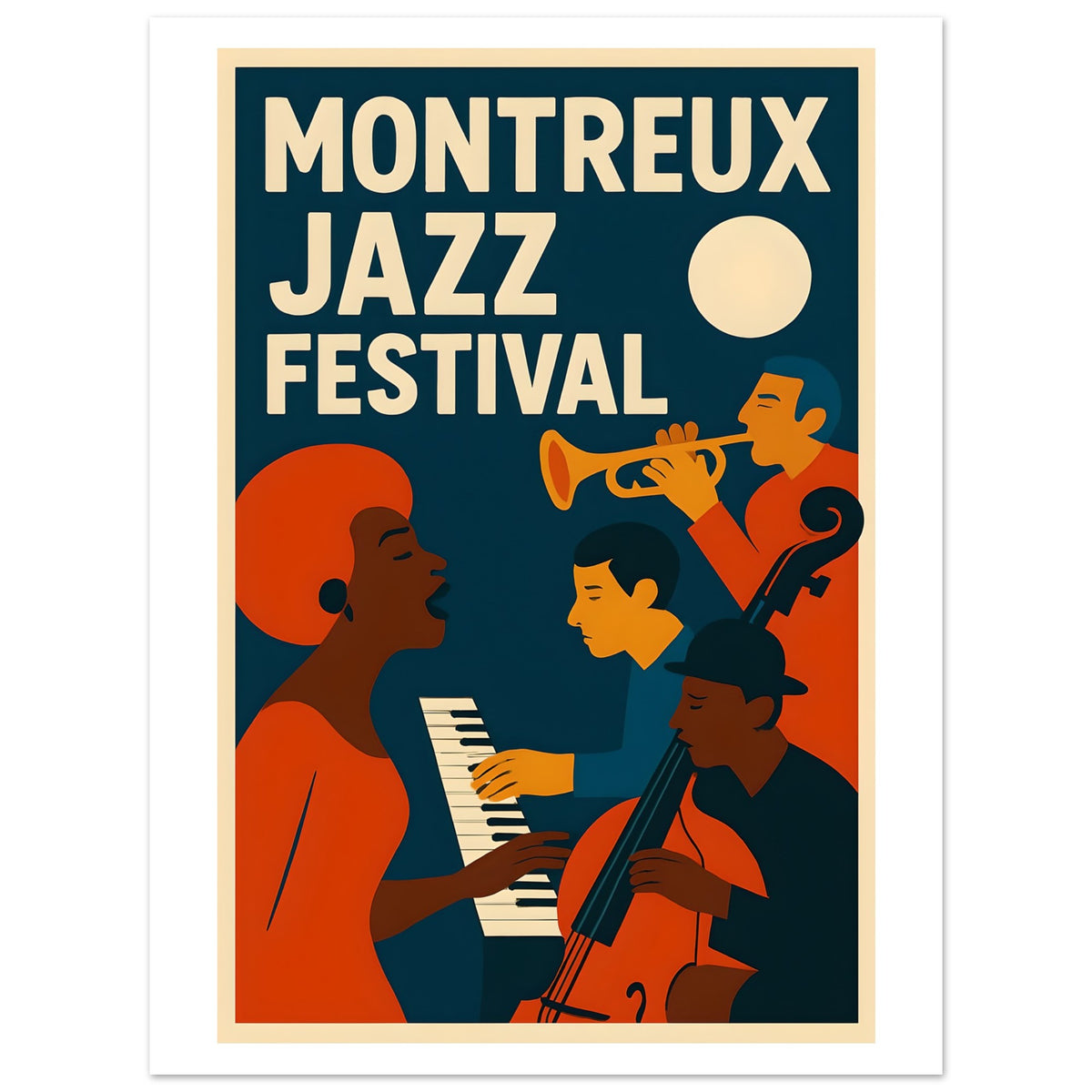 Montreux Jazz Festival poster with musicians and a trumpet on a blue background