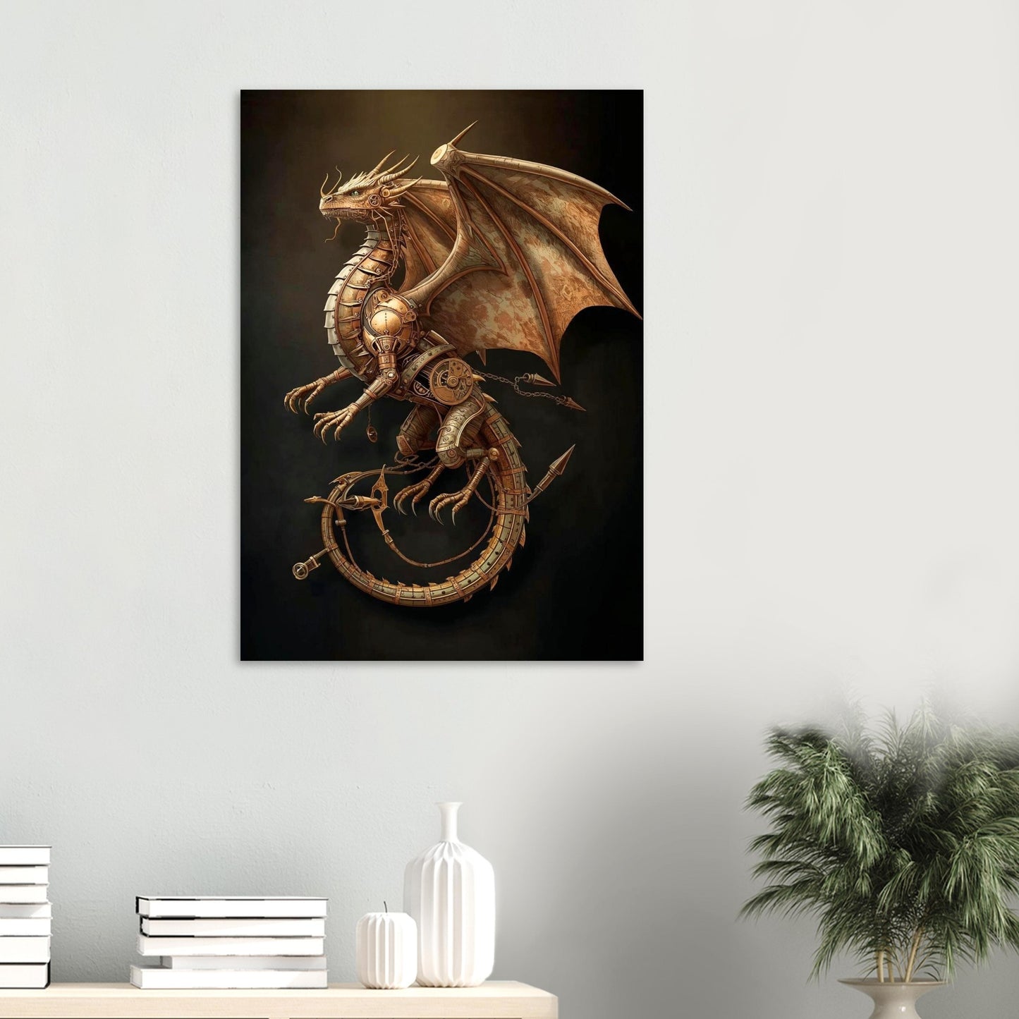 Decorative wall art of a metallic dragon on a dark background, displayed in a room with books and a plant.