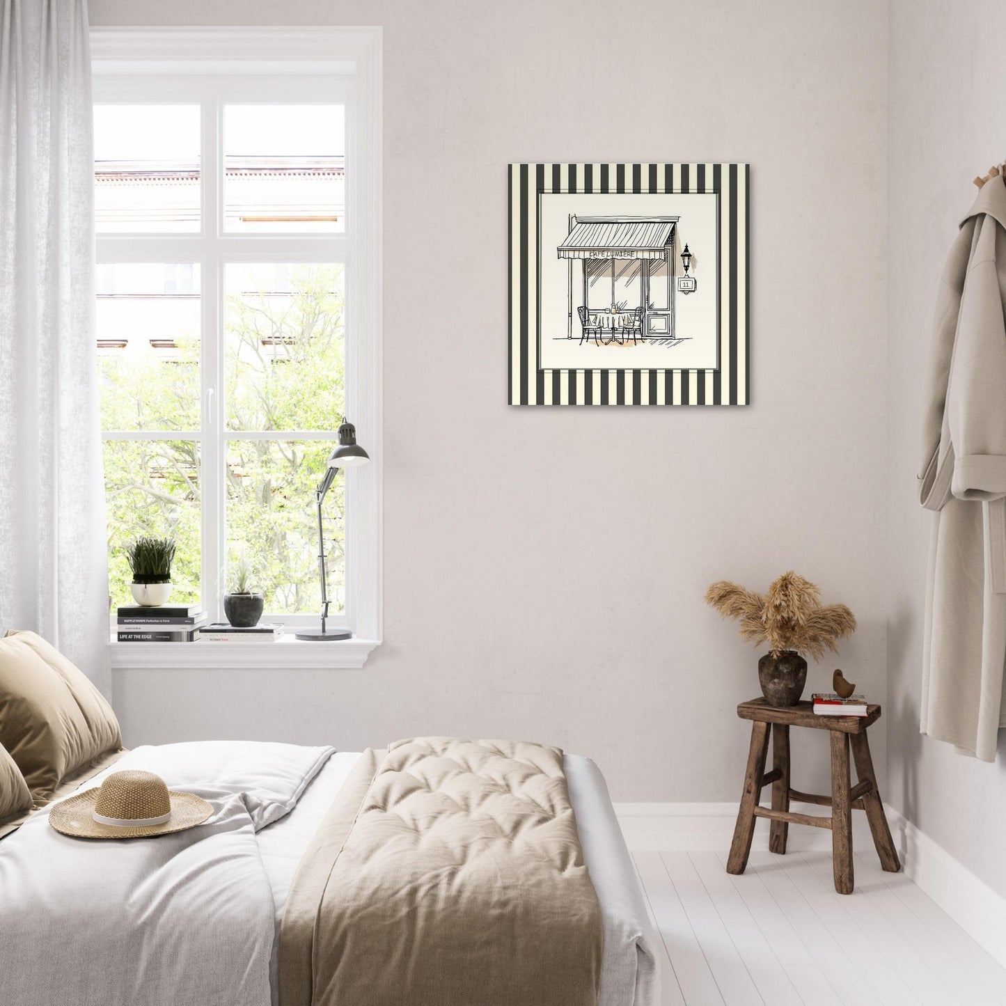 Square Paris café wall art above bed in minimalist bedroom