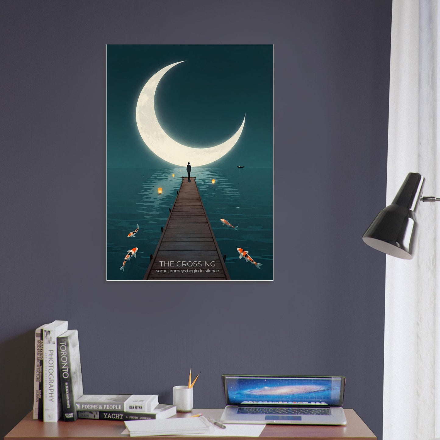 The Crossing poster displayed against a dark blue wall, featuring a glowing crescent moon, solitary figure, koi fish and reflective teal waters
