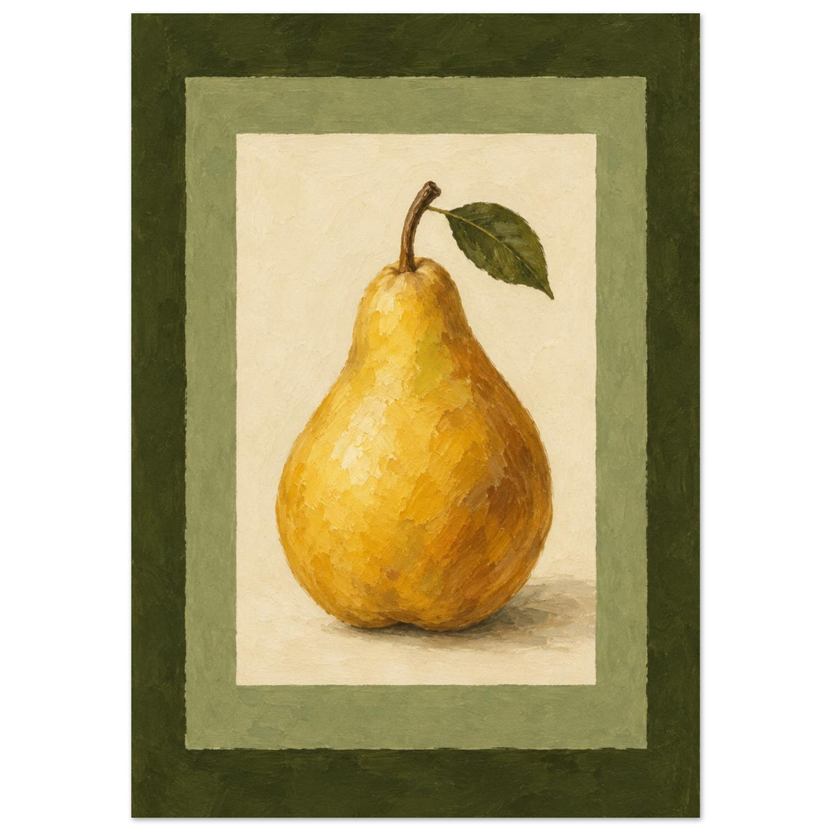 A framed-style art print featuring a painted yellow pear with a green leaf, centered within layered olive and cream borders on a white background.