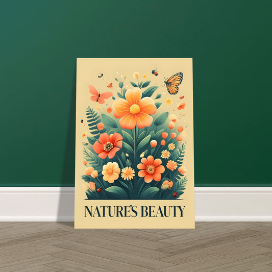 Colorful botanical art print featuring blooming flowers and butterflies on a green background