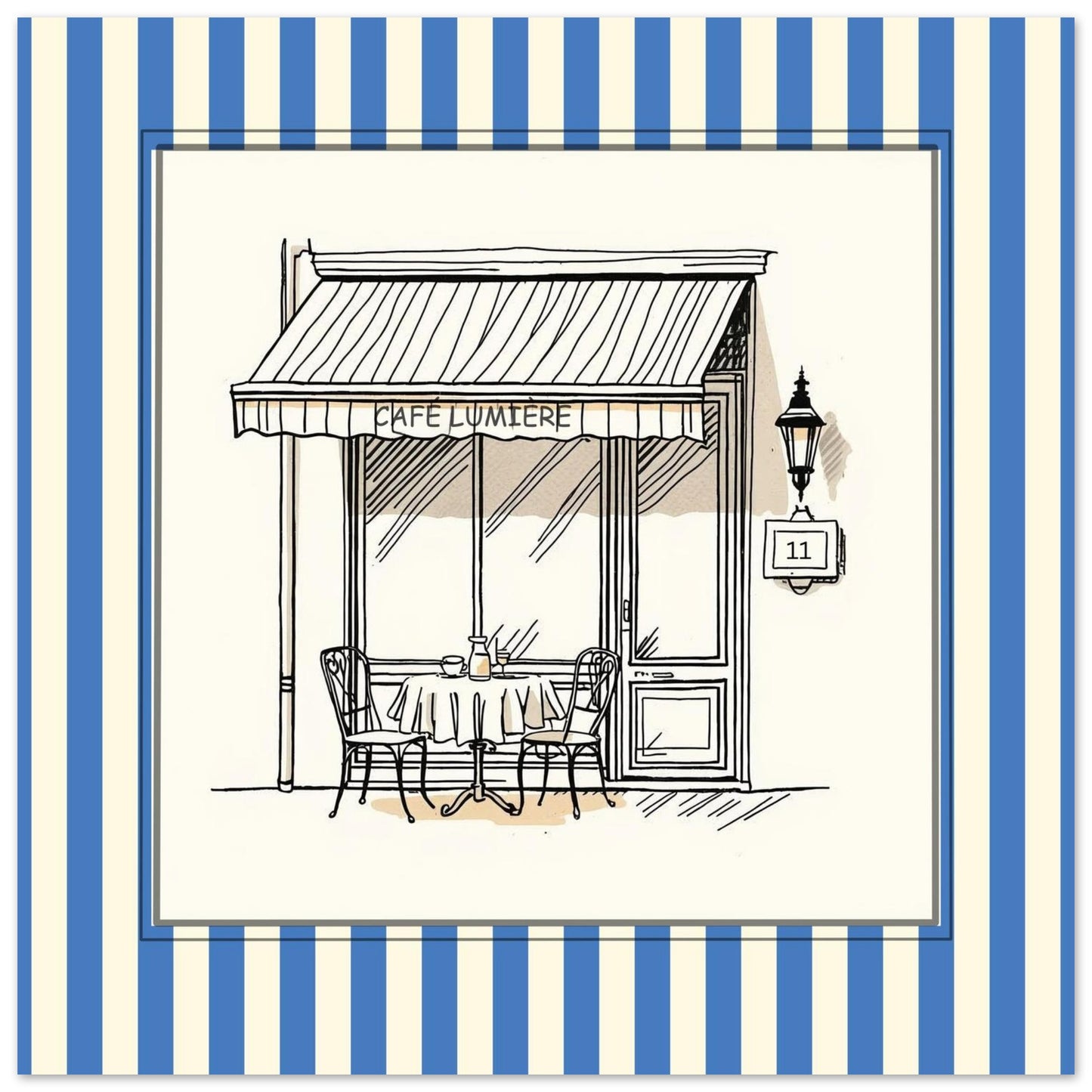 Close-up of Café Lumière Paris blue square art print with striped border