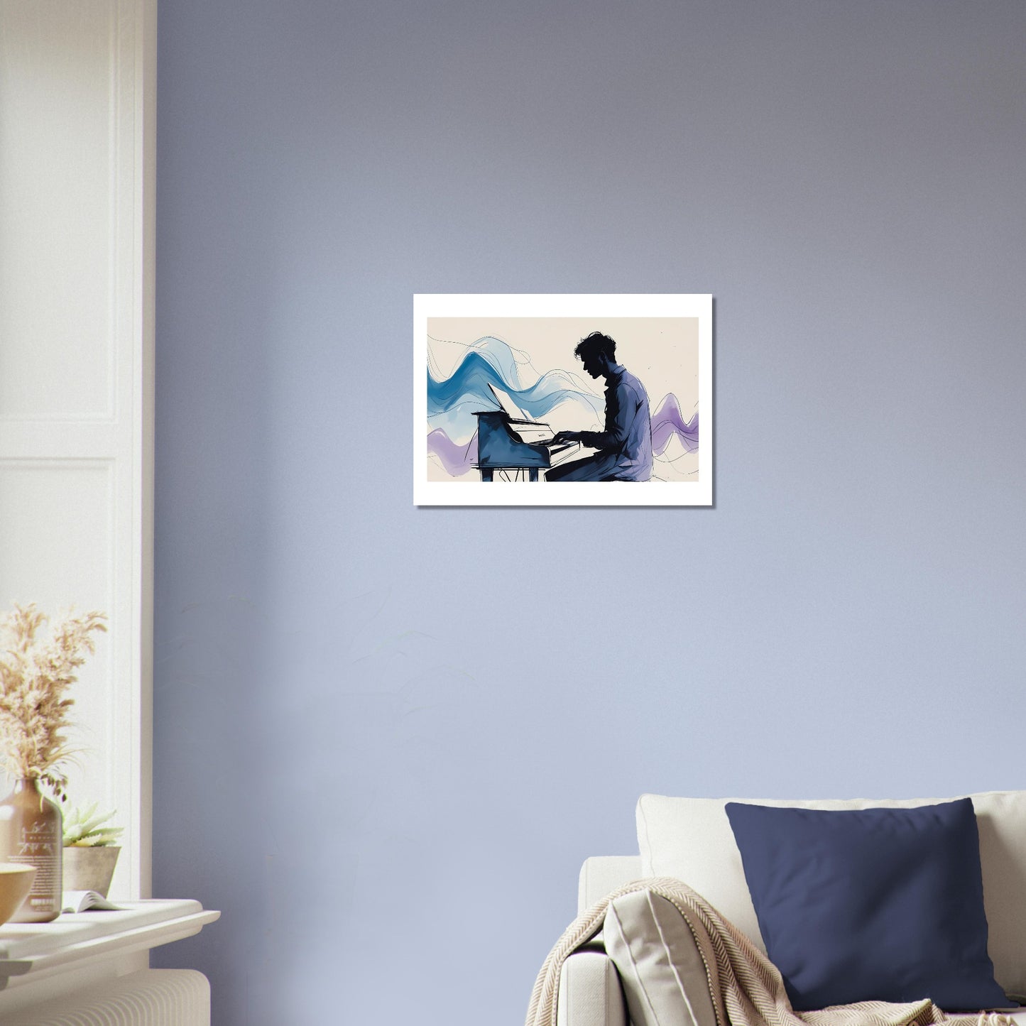 Framed artwork of a silhouette playing piano on a wall in a living room.