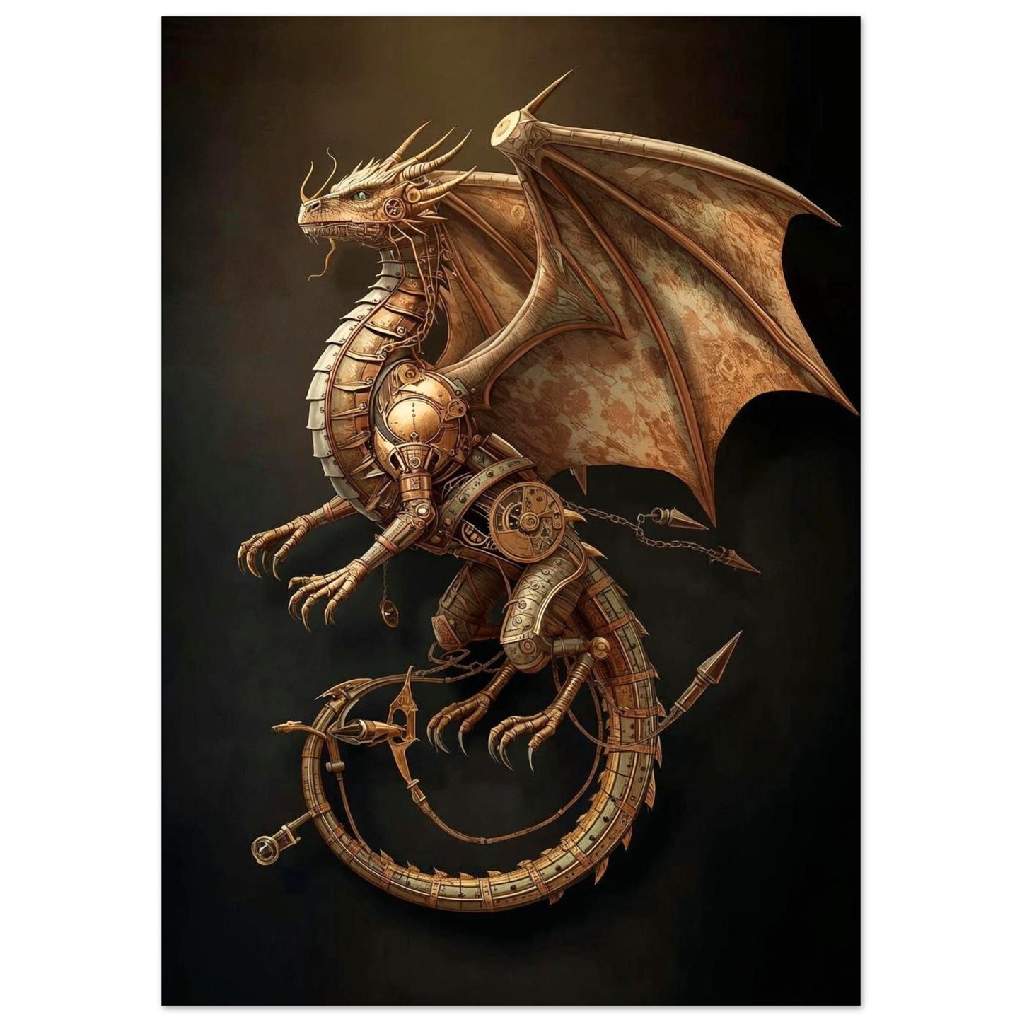 Steampunk dragon with mechanical elements on a dark background
