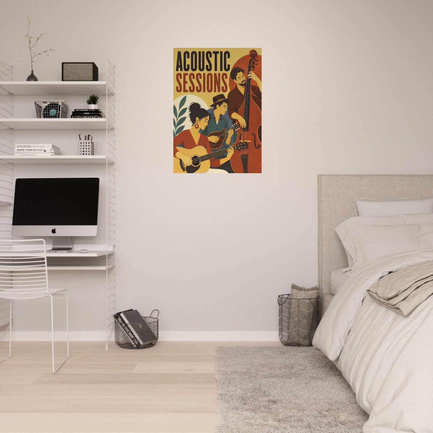 A vintage-style acoustic music poster hanging on a bedroom wall above a bed and next to a desk setup. The poster reads 'ACOUSTIC SESSIONS' with illustrated musicians playing instruments in warm orange, yellow, and red tones.