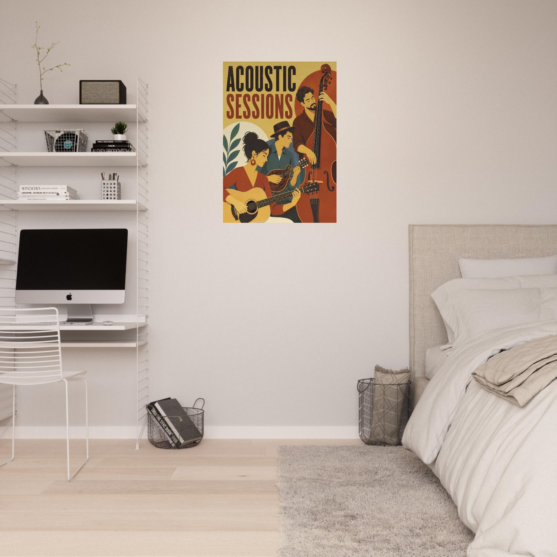 A vintage-style acoustic music poster hanging on a bedroom wall above a bed and next to a desk setup. The poster reads 'ACOUSTIC SESSIONS' with illustrated musicians playing instruments in warm orange, yellow, and red tones.