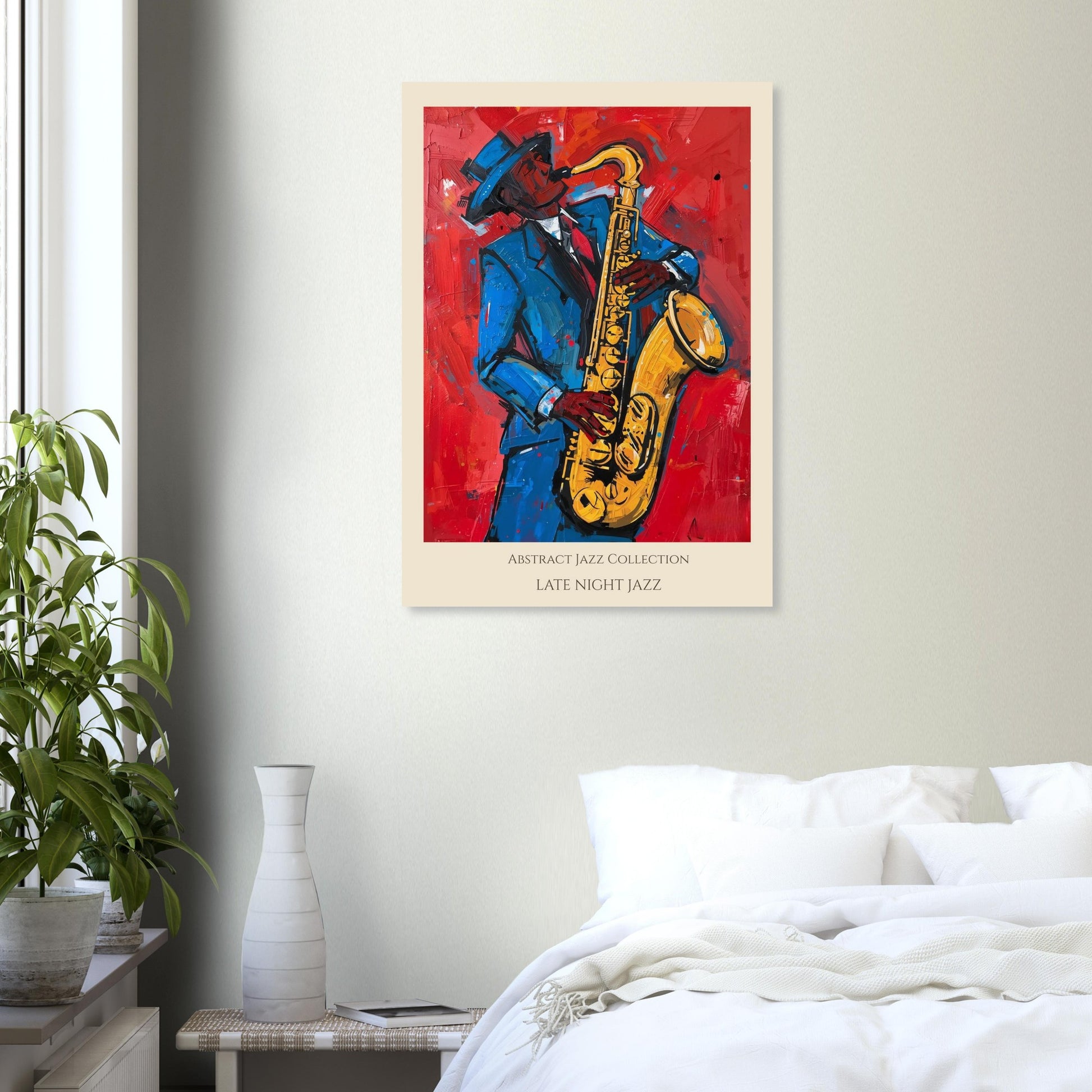 Framed artwork of a jazz musician playing a saxophone on a wall above a bed.