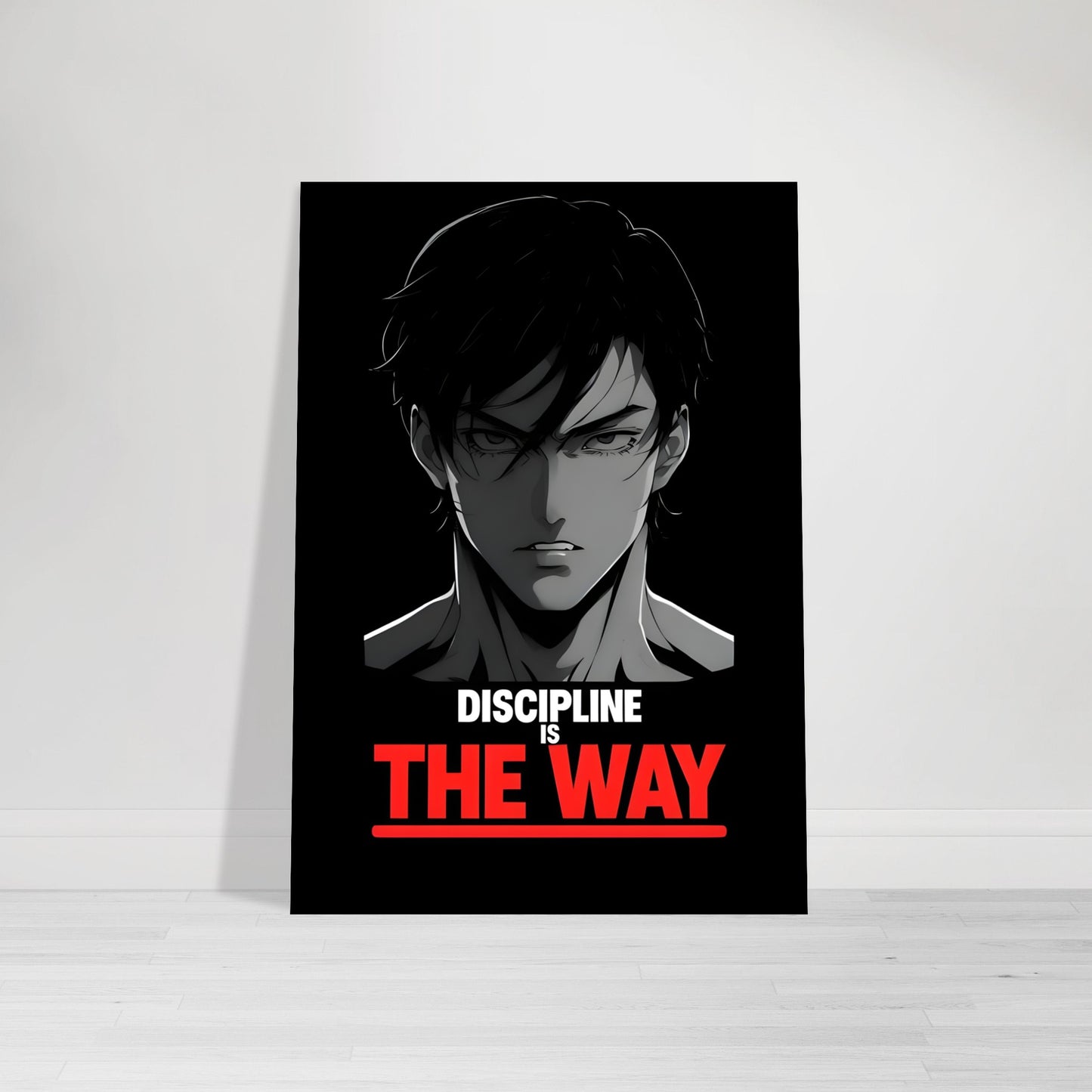Poster with an anime-style character and motivational quote on a black background