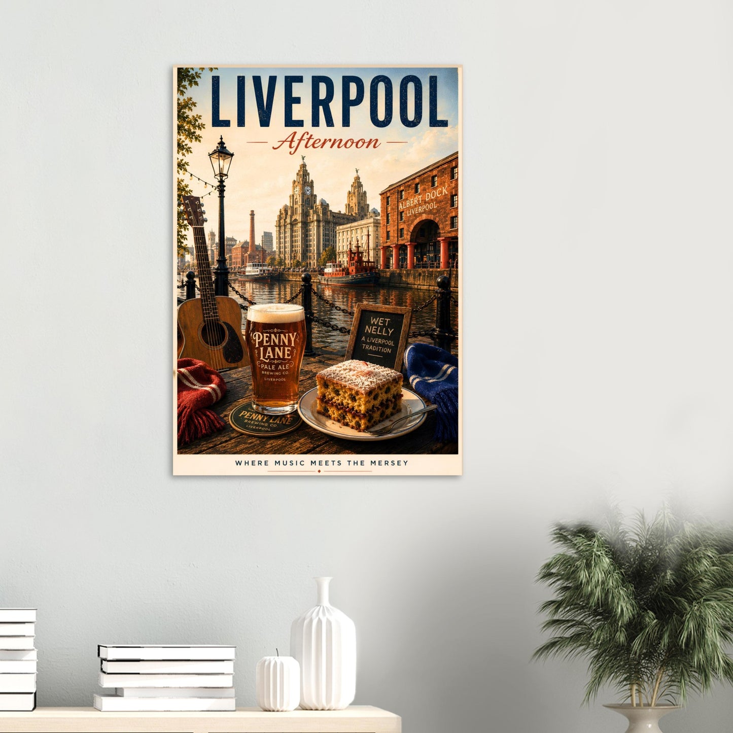 Liverpool Afternoon wall art displayed in a cosy home setting, inspired by Liverpool's maritime history, music scene and waterfront views.