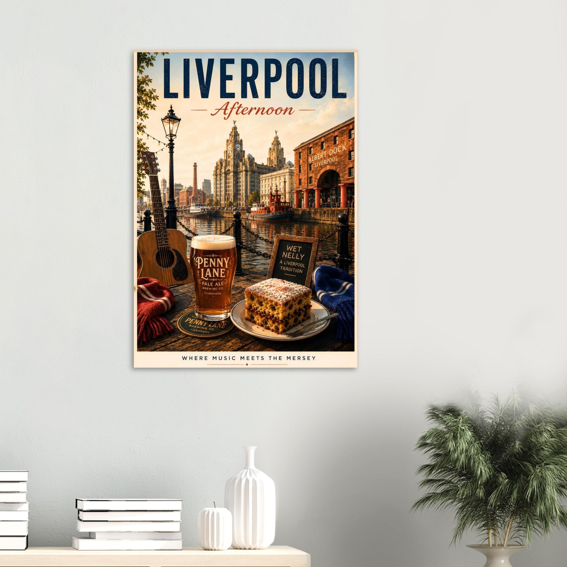 Liverpool Afternoon wall art displayed in a cosy home setting, inspired by Liverpool's maritime history, music scene and waterfront views.