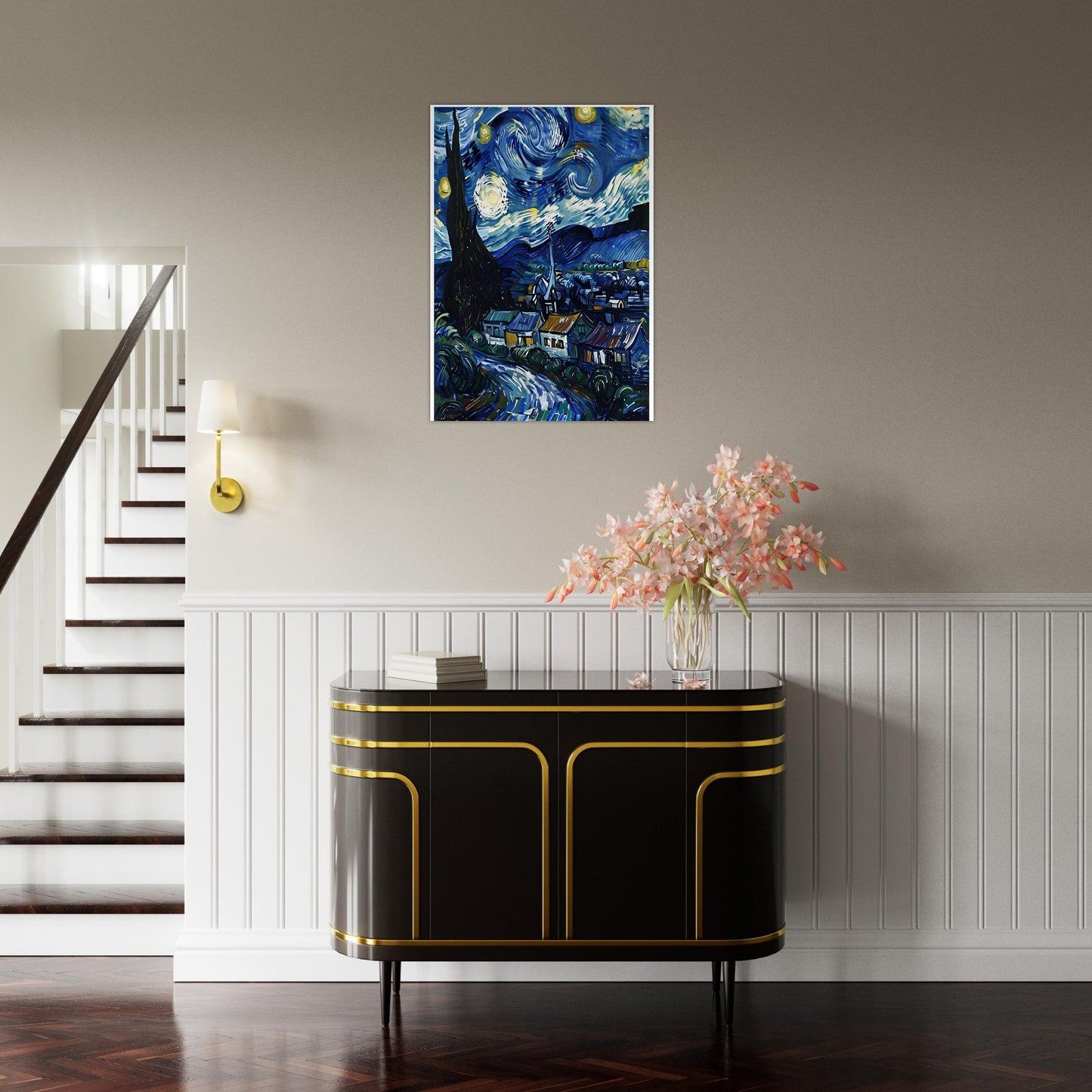 Modern interior with a black and gold cabinet, pink flowers, and a framed painting of 'Starry Night' on the wall.
