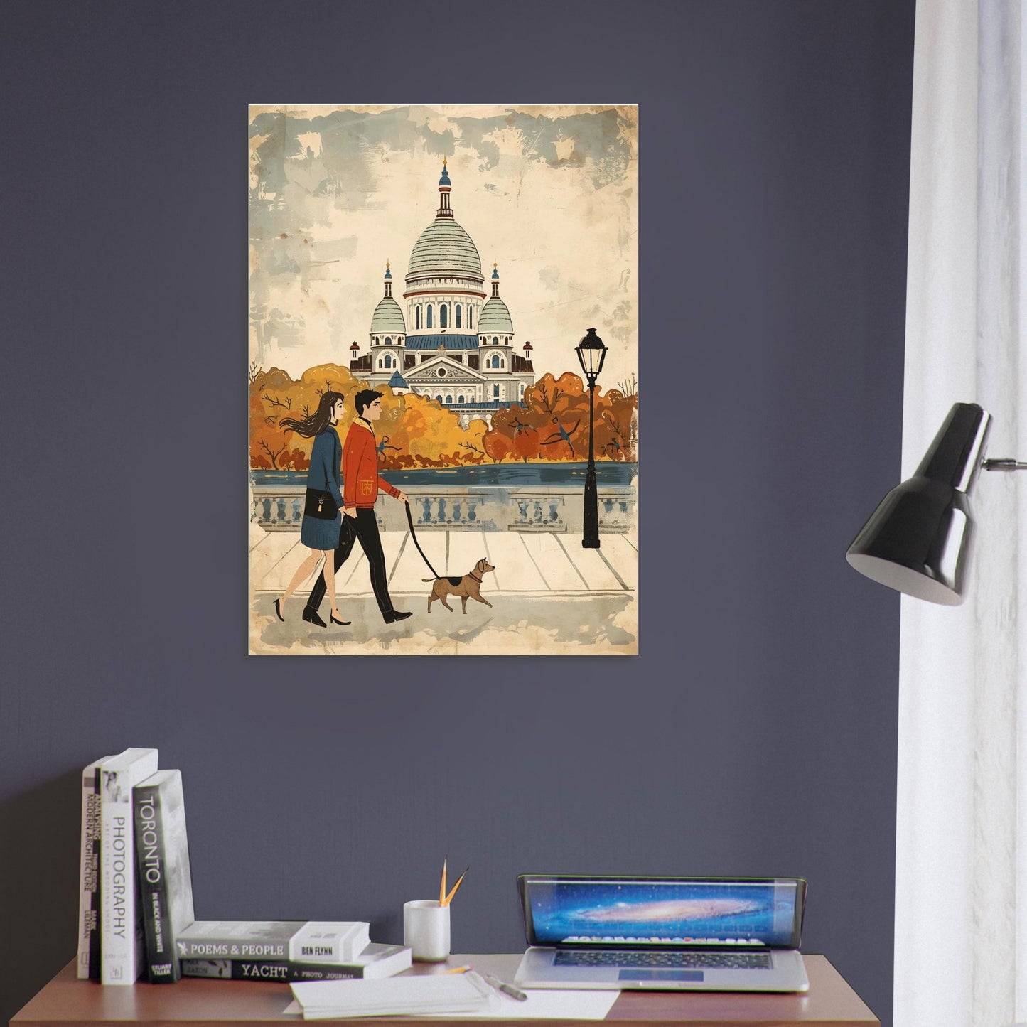 Poster of a couple walking a dog with a cathedral in the background on a purple wall above a desk.