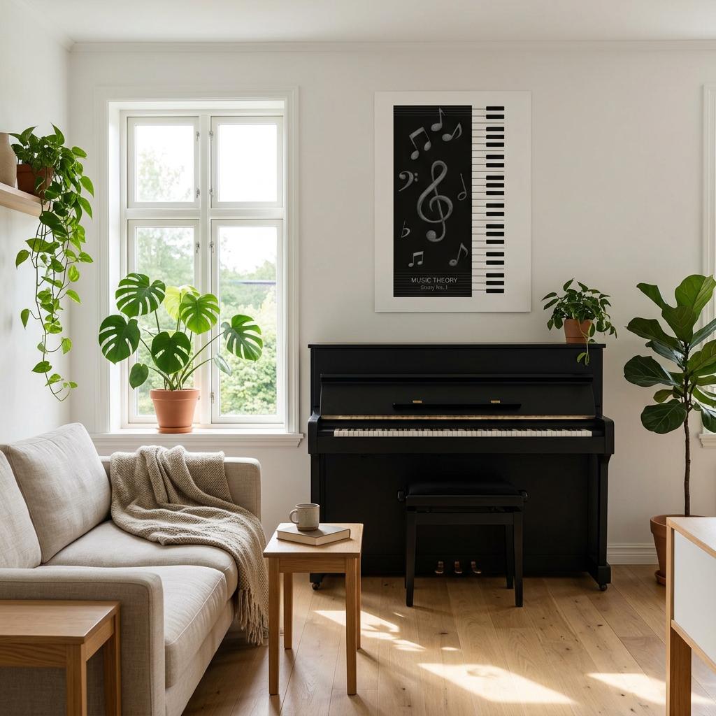 Minimalist piano wall art poster displayed above piano in modern music room